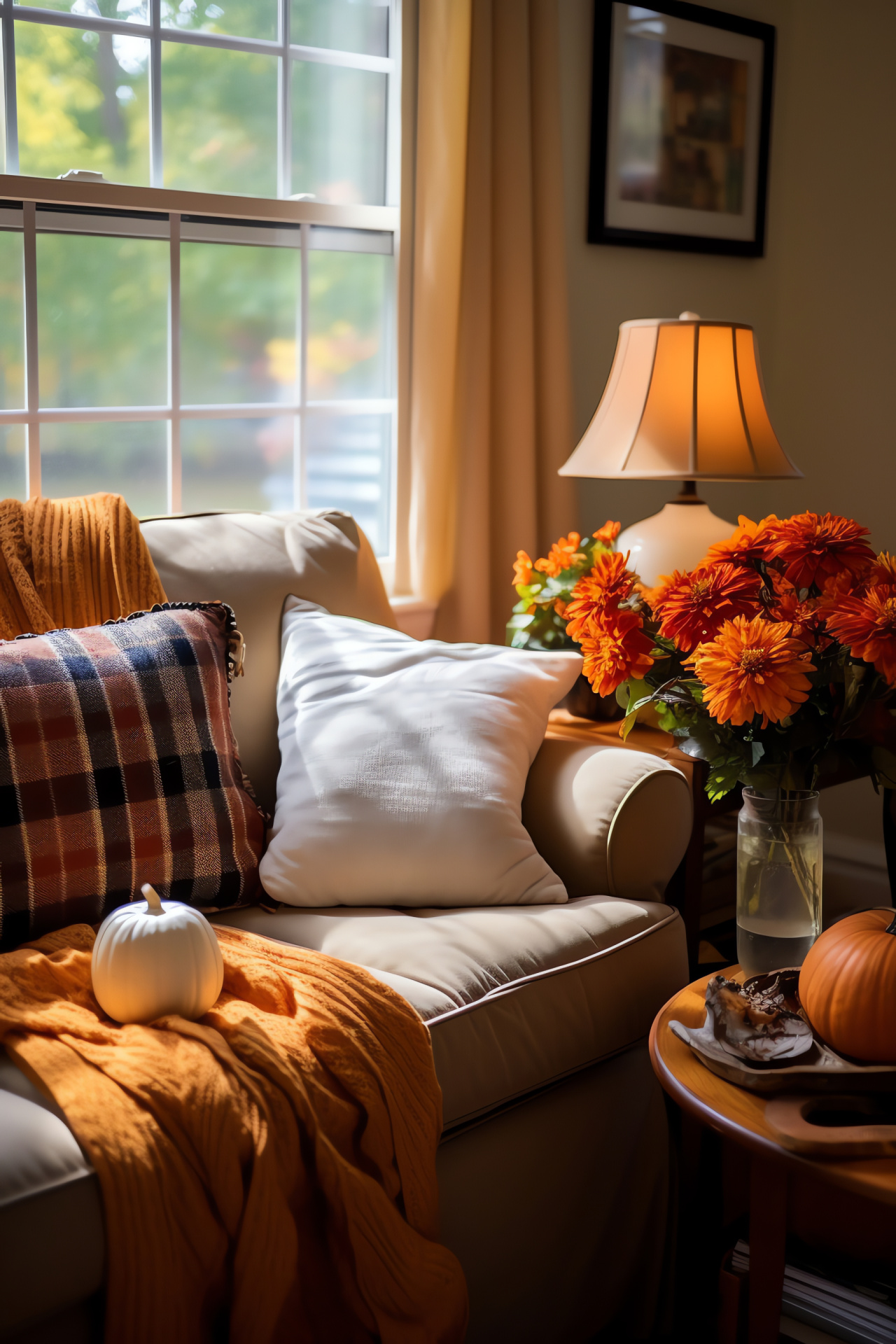 Cozy living setting, Harvest interior, Seasonal warmth, Autumnal decor, Fireplace setting, HD Phone Image