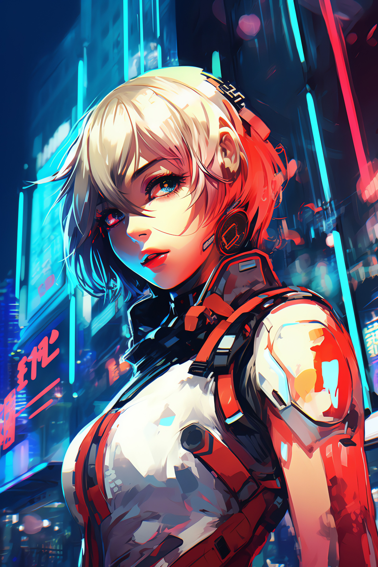 Futuristic city theme, Holographic ad displays, Neon sign ambiance, Vibrant neon cityscape, Persona 3 Aigis game world, HD Phone Wallpaper