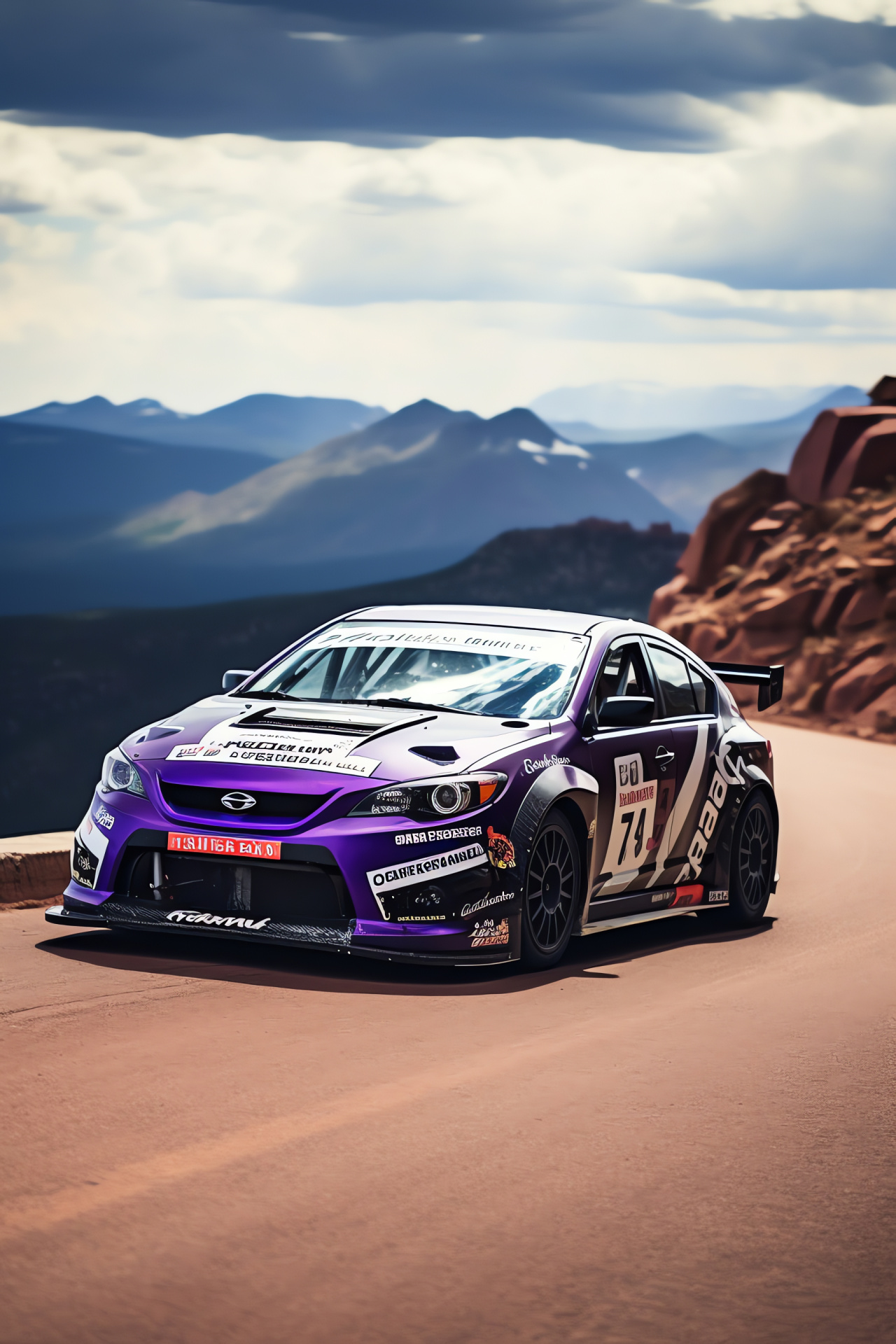 High-altitude car climb, Pikes Peak rally vehicle, Purple and black colors, Mountainous ascent road, Engine power showcase, HD Phone Wallpaper