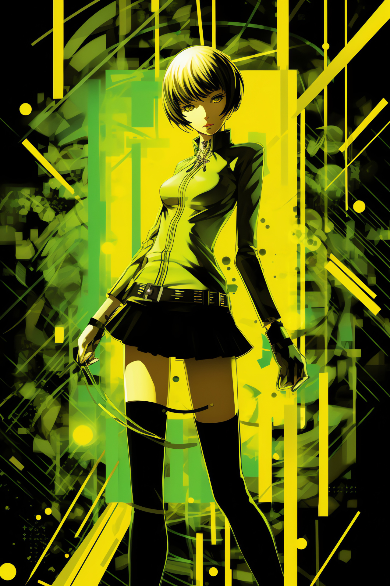 Persona 4 ally Chie, Vibrant defender, Neon contour, Jade allure, Intent visage, HD Phone Image