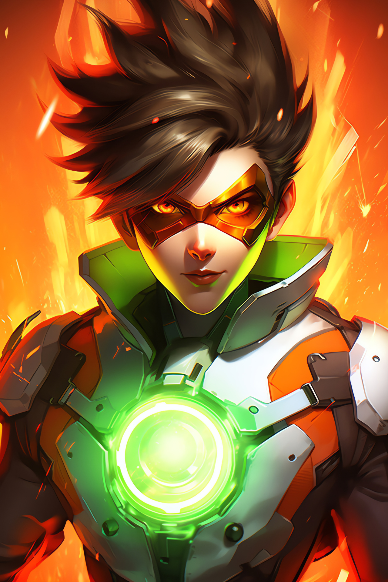 Temporal Tracer intrigue, Green-eyed Overwatch scout, Energetic portrayal, Punk hairstyle, Adventurous avatar, HD Phone Wallpaper