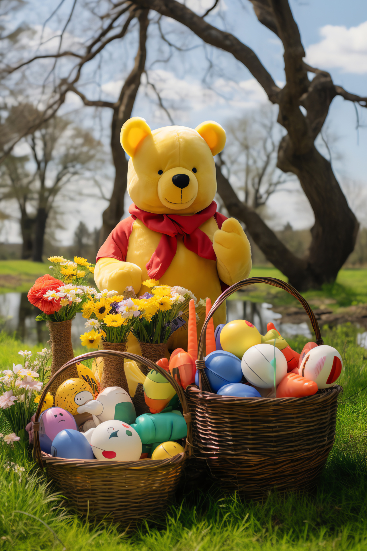 Beloved Pooh bear celebrating Easter, Hundred Acre Wood festivity, fluffy bunny attire, springtime jubilation, HD Phone Wallpaper