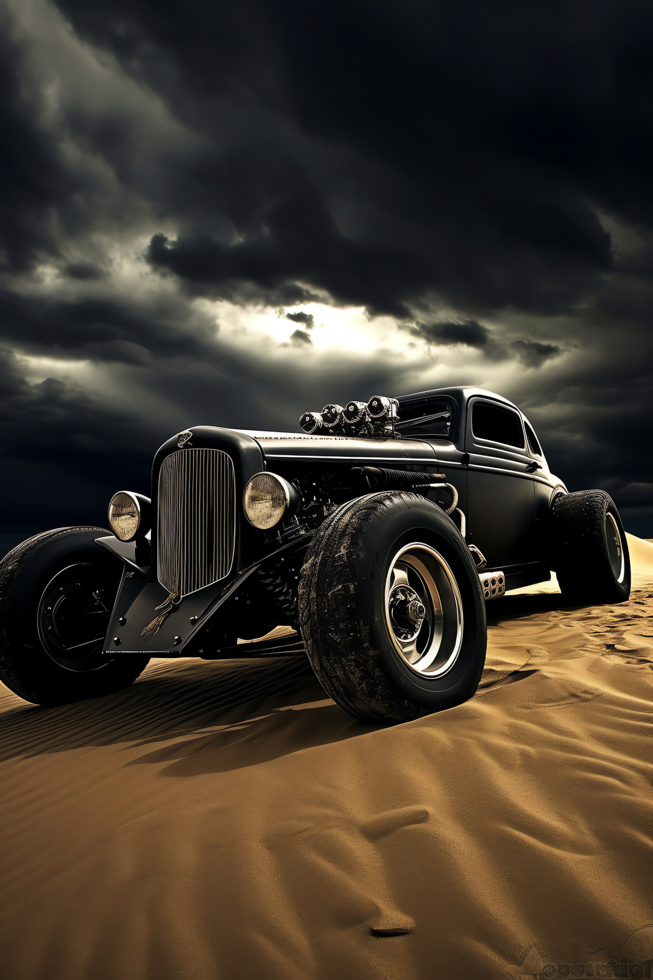 Desert-ready Rat Rod, Matte black exterior, Storm landscape synergy, Hardcore tire choice, Endurance build concept, HD Phone Image