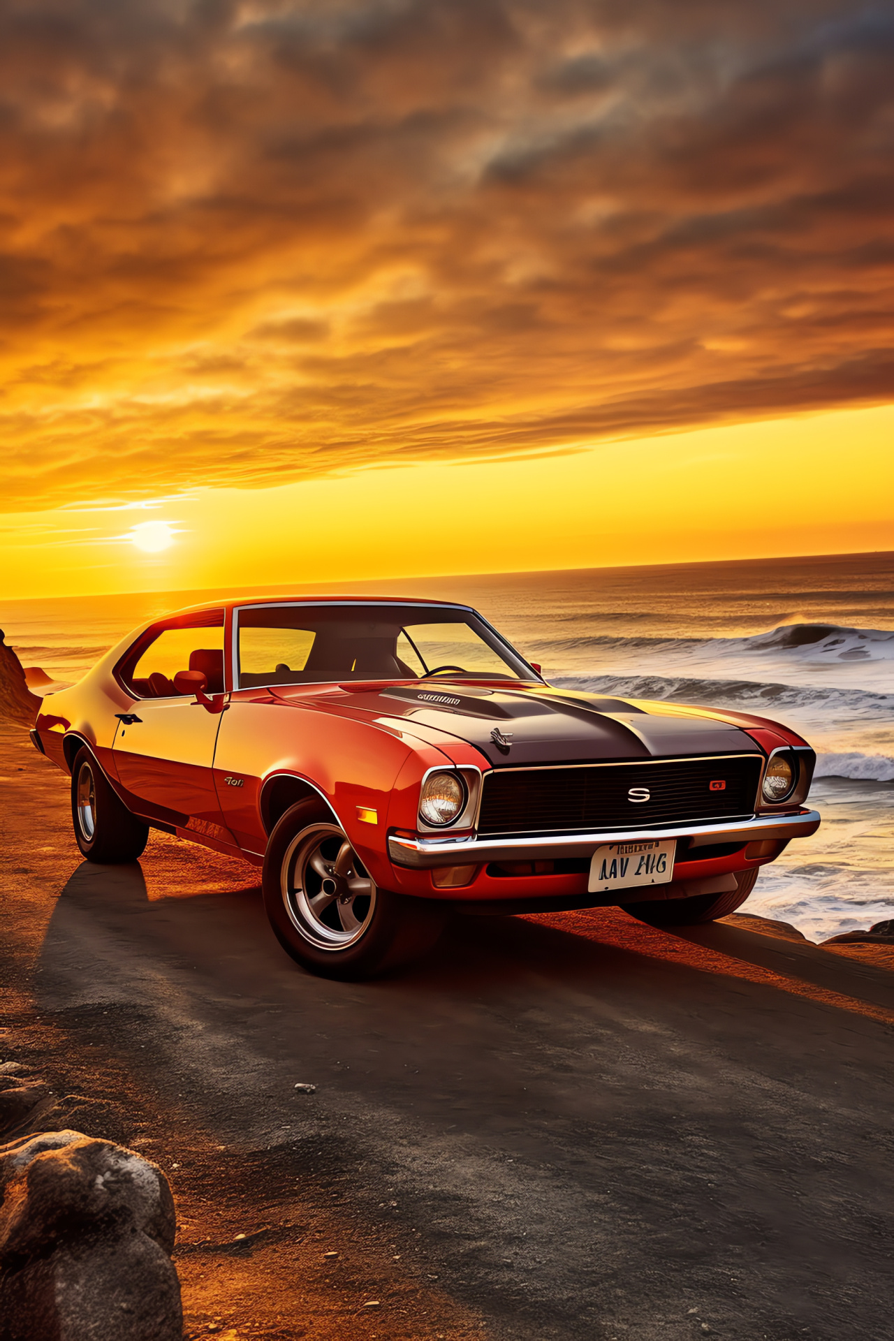 Collectible AMC AMX, Muscle car silhouette, Sunset coastal cruise, Oceanic road scene, Timeless vehicle design, HD Phone Image