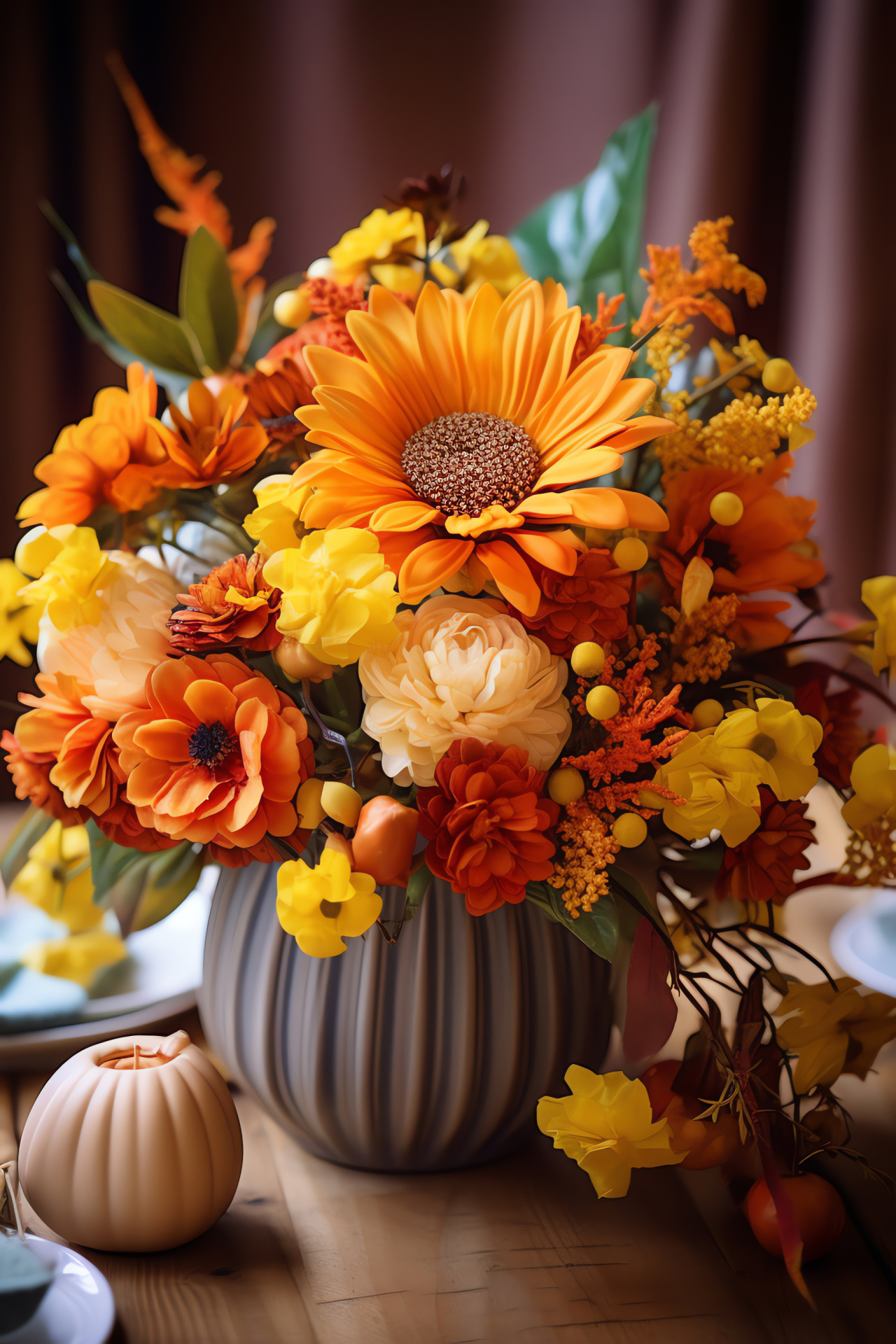 Thanksgiving dcor, Harvest centerpiece, Amber blooms, Fall foliage, Rustic charm, HD Phone Image