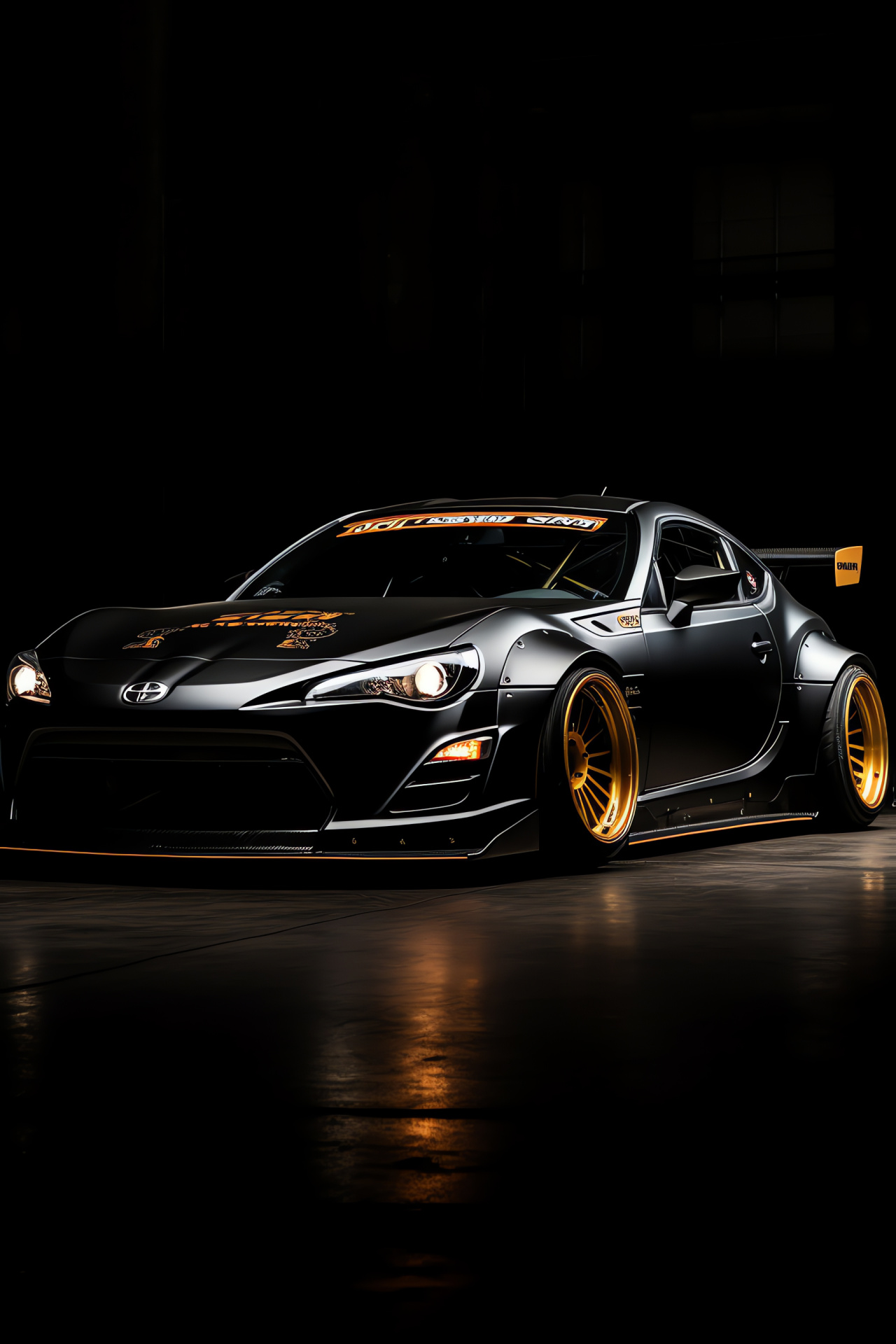 Broader representation of Scion FR-S Rocket Bunny, sheer black environment, HD Phone Wallpaper