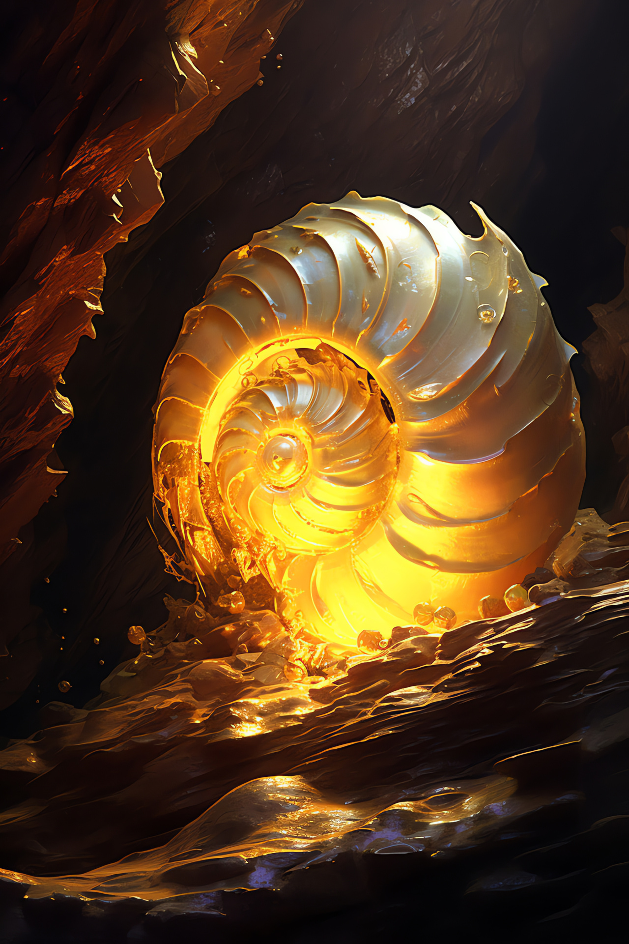 Nautilus in aquatic cavern, Golden marine shell, Subterranean ocean life, Glowing underwater beauty, Shimmering sea creature, HD Phone Image