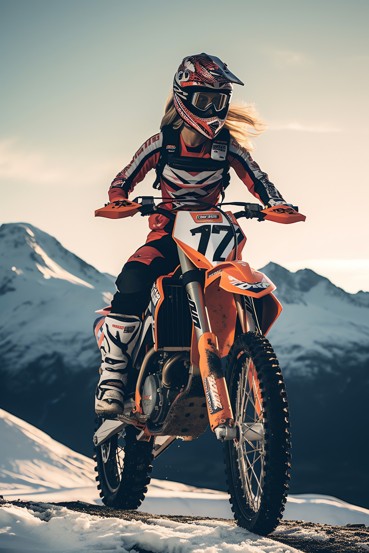 Supercross Alpine setting, Moto girls team, Swiss snowy challenge, Off-road capabilities, Winter tires feature, HD Phone Image