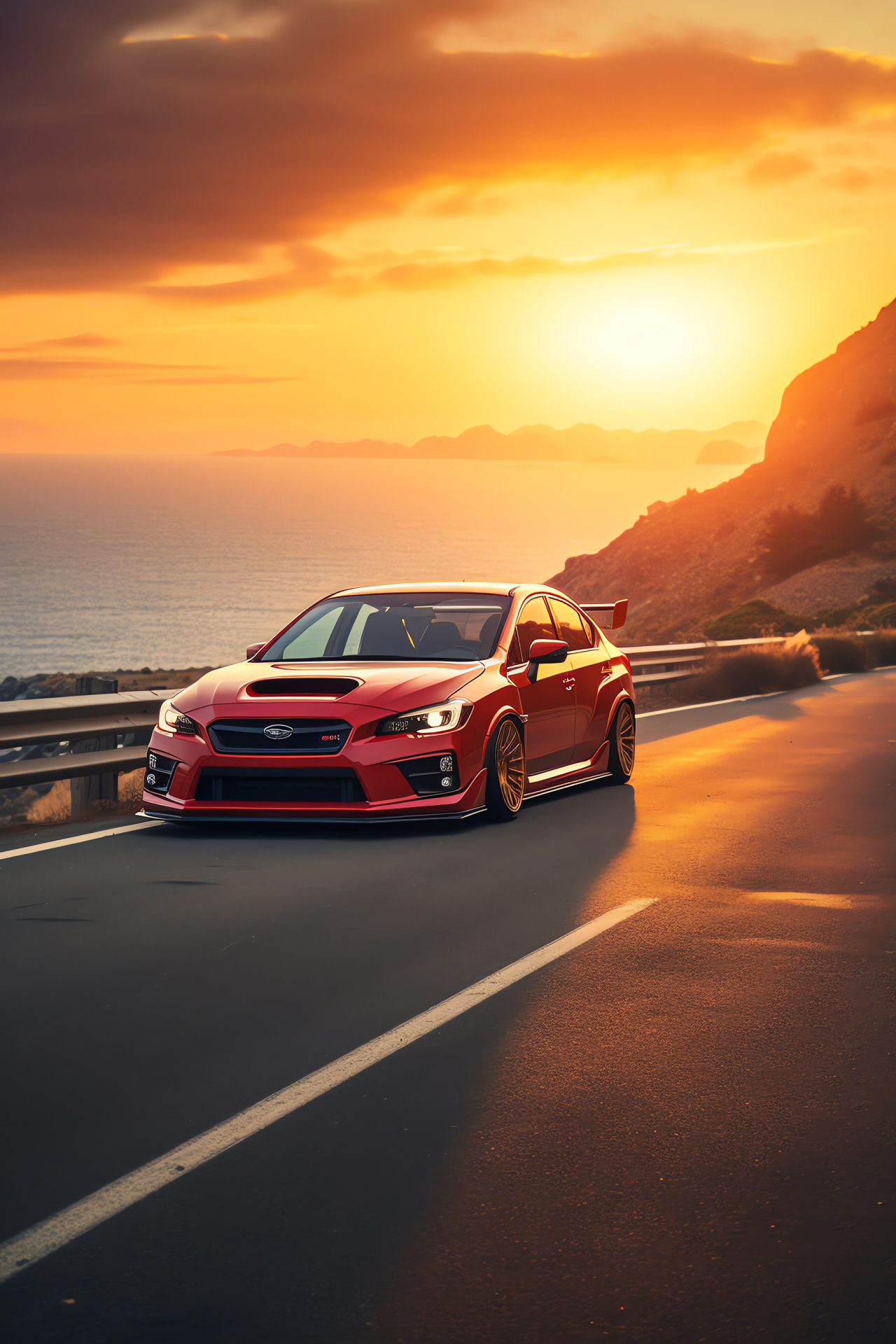 Subaru WRX STI, Rocket Bunny kit, Performance rally car, Seaside driving adventure, Evening horizon, HD Phone Image