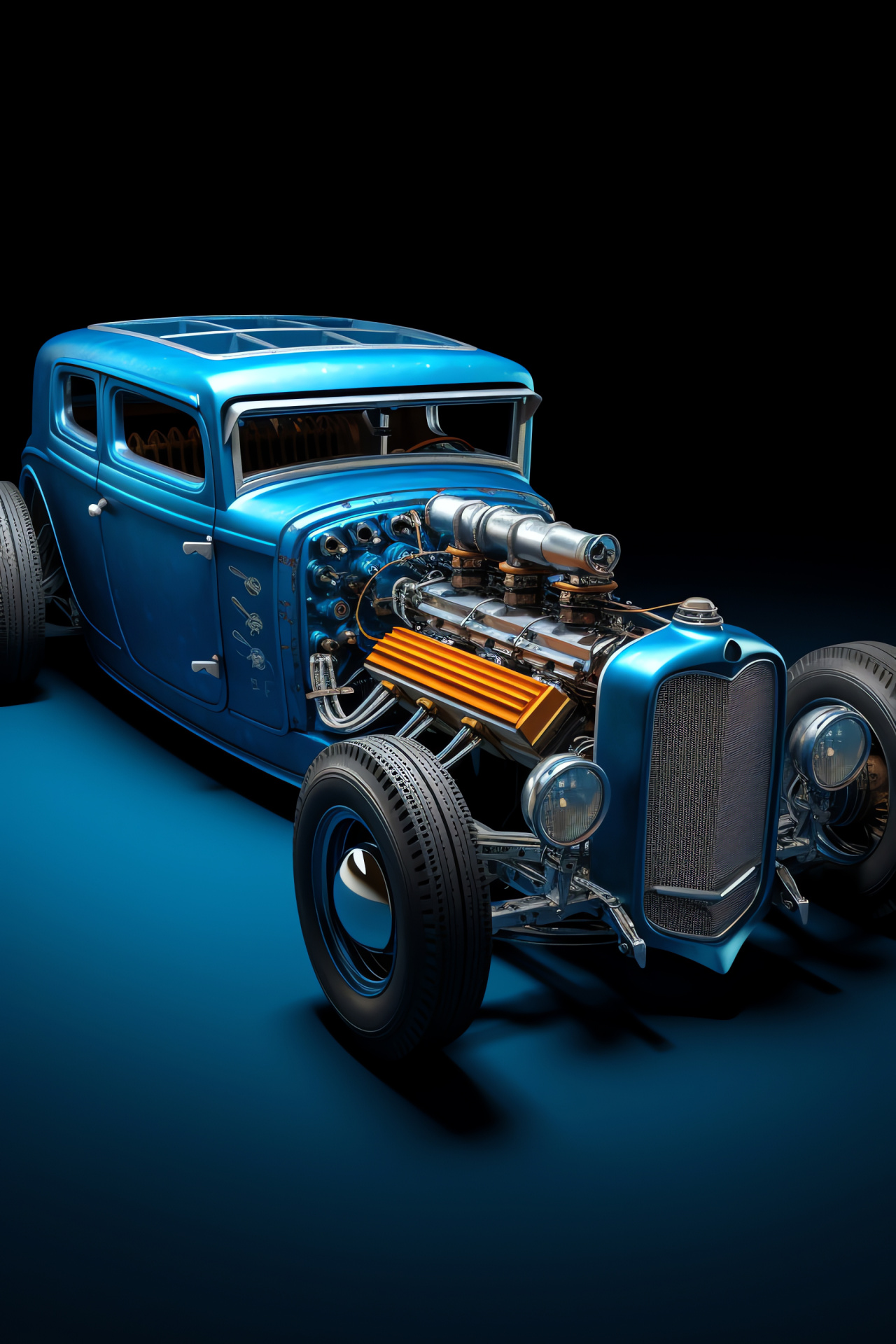 Custom Rat Rod, Oceanic Fury, Elevate perspective, Blue hues, Single-color canvas, HD Phone Wallpaper