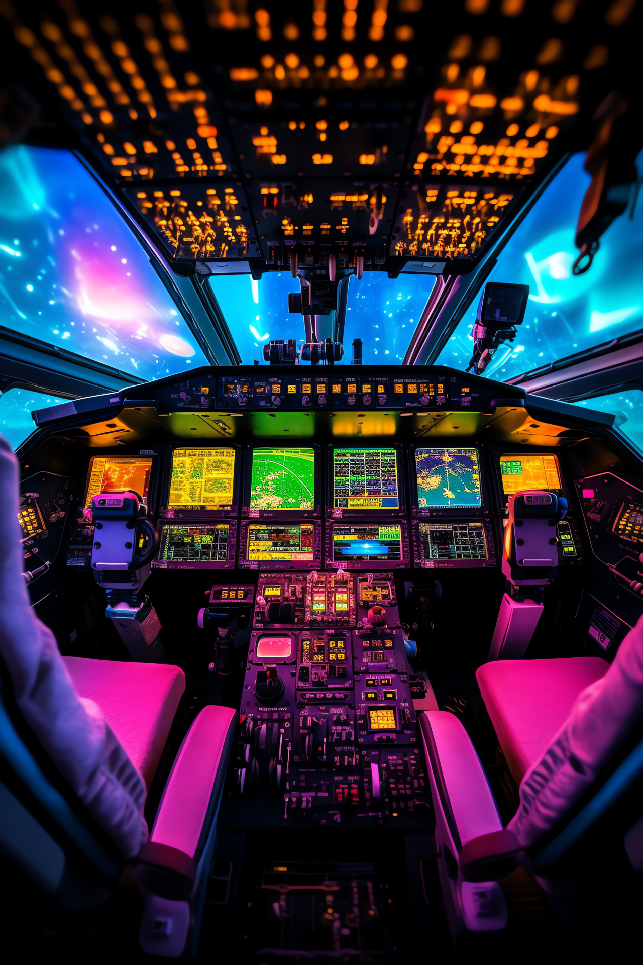 Orbiter flight deck, Pilot perspective, Illuminated controls, Outer space performance, Luminous console ambiance, HD Phone Wallpaper