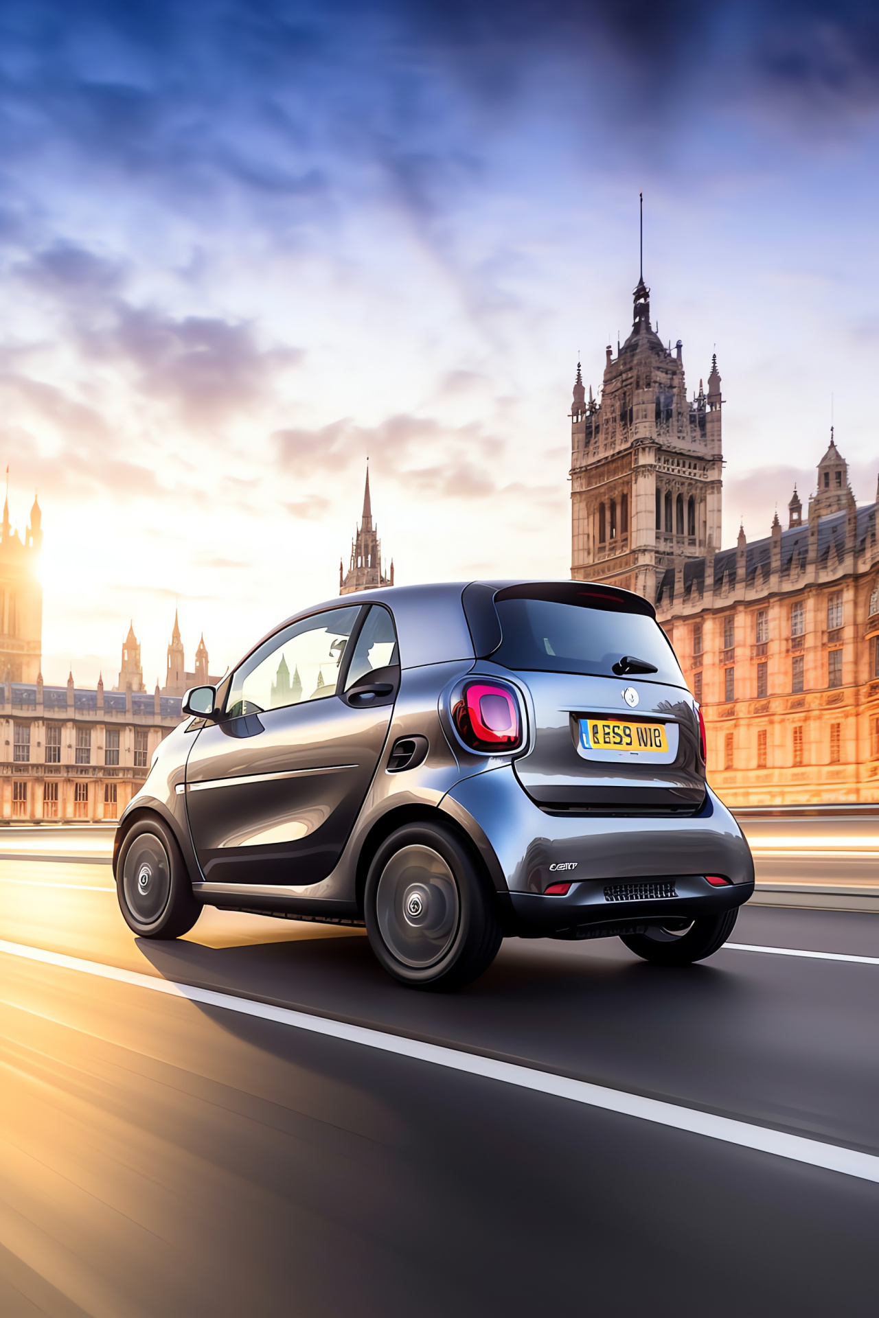 Smart EQ ForTwo, London city exploration, Dynamic vehicle composition, Sleek gray mobile, Royal British backdrop, HD Phone Image