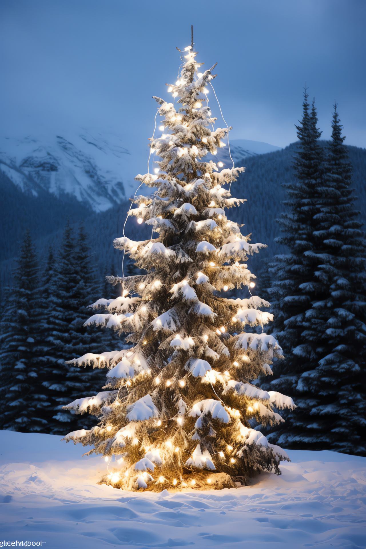 Festive twinkling lights, Nocturnal sky, Coniferous silhouette, Shimmer effect, Enchantment ambiance, HD Phone Image