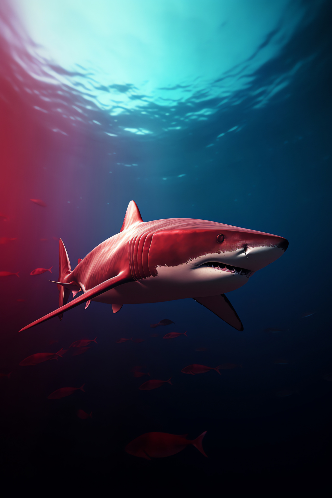 Megalodon Shark, Prehistoric predator, Red backdrop, Imposing creature, Marine lore, HD Phone Image