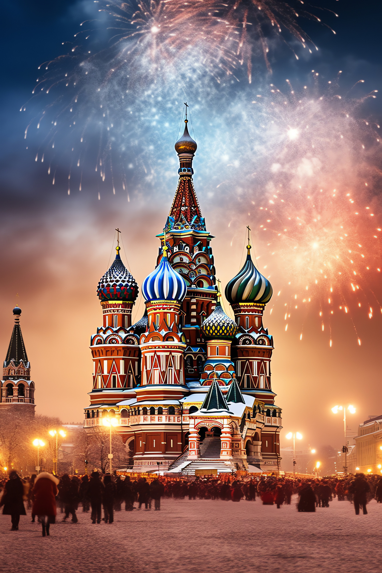 Russian winterscape, Capital city jubilation, Explosive sky artistry, Kremlin's famous square, Solstice nighttime pomp, HD Phone Wallpaper