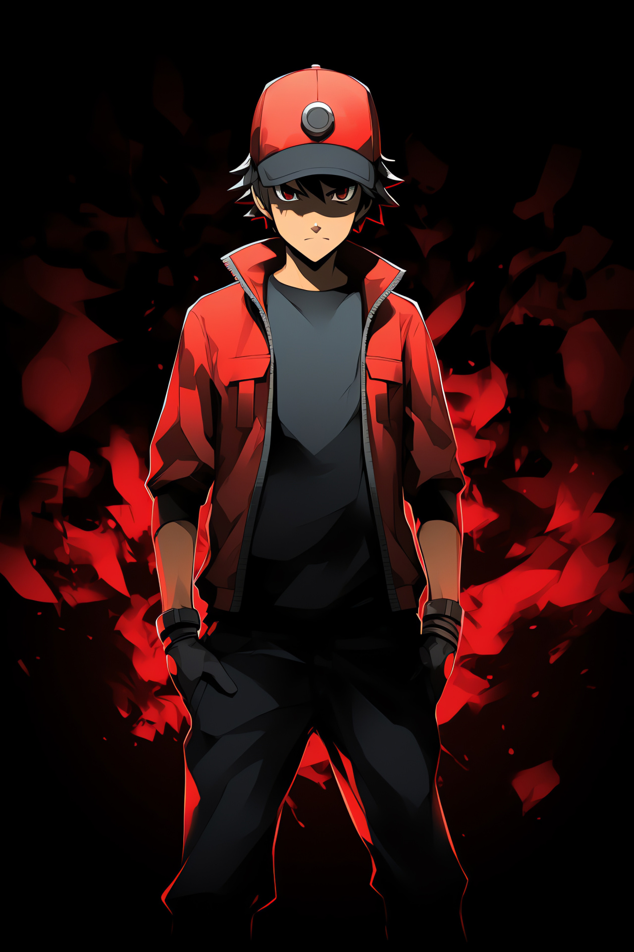 Trainer Red in Pokemon, Resolute glower, Crimson ocular detail, Stalwart form, Elite Pokemon crew, HD Phone Image