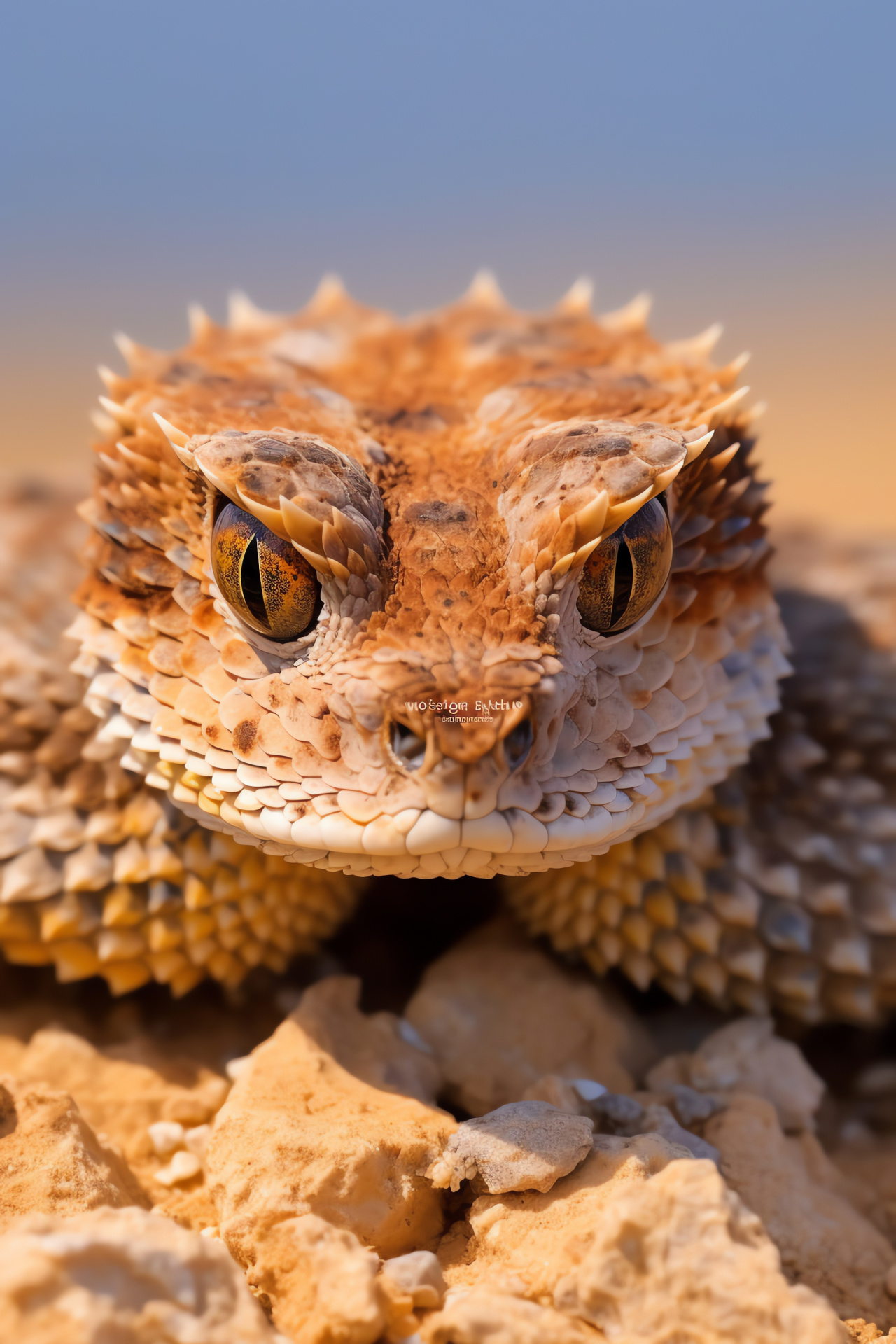 Desert horned viper, vivid cantaloupe-hued eyes, umber speckled scales texture, arid Middle Eastern dune environment, HD Phone Wallpaper