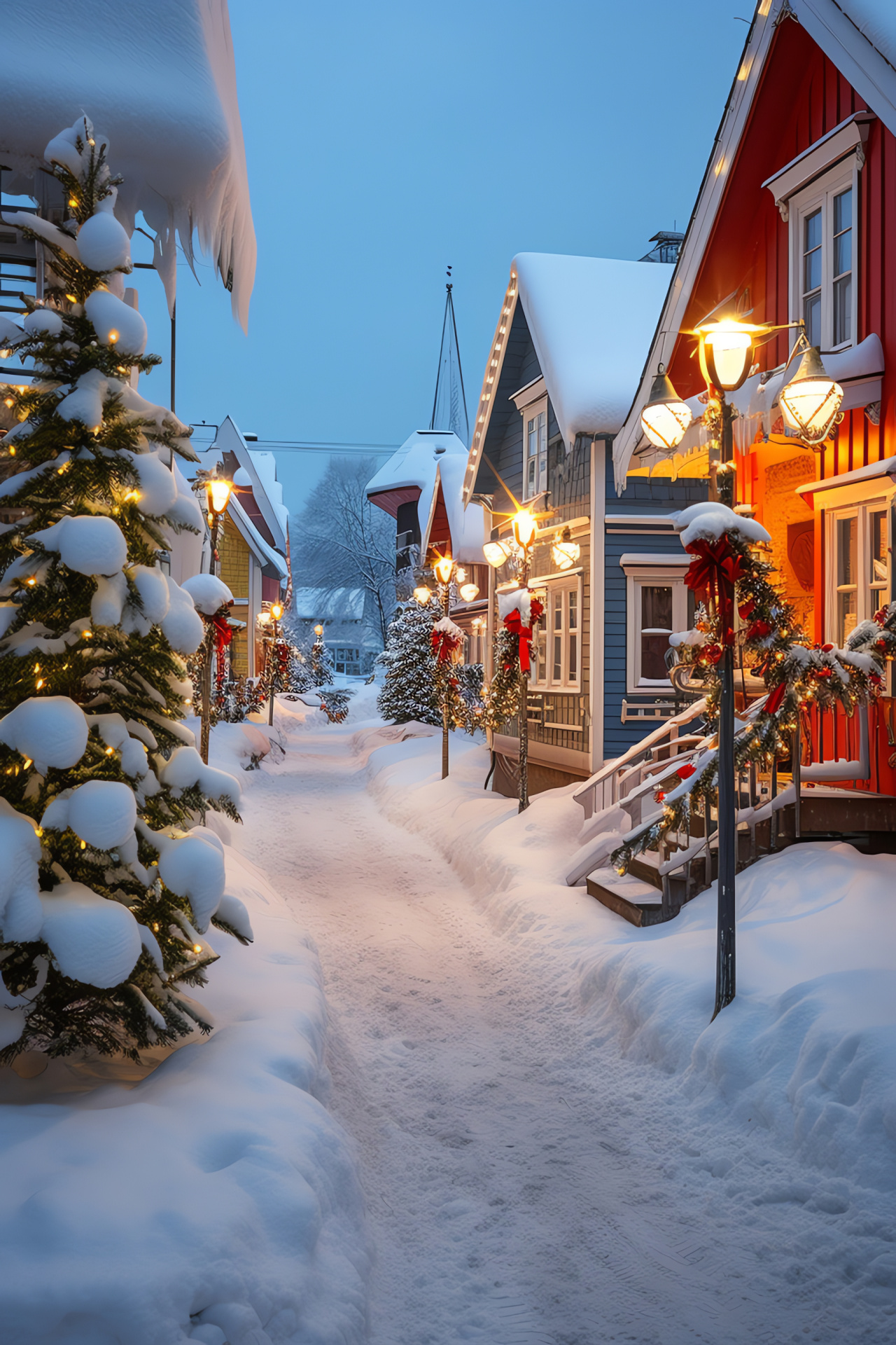 Yuletide atmosphere, Wintery township, Seasonal snowfall, Architectural vibrancy, Residential quaintness, HD Phone Image