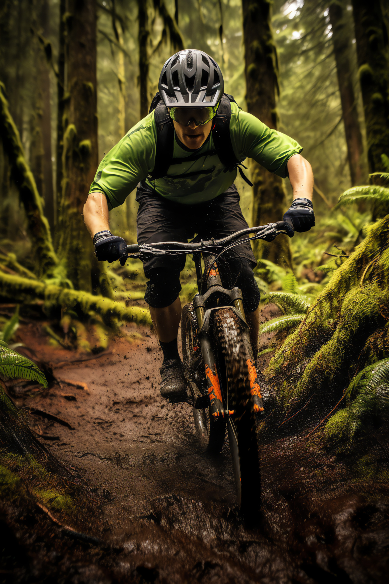 MTB Pacific Northwest, Singletrack trail, Moss-covered trees, Fern undergrowth, Cycling agility, HD Phone Image