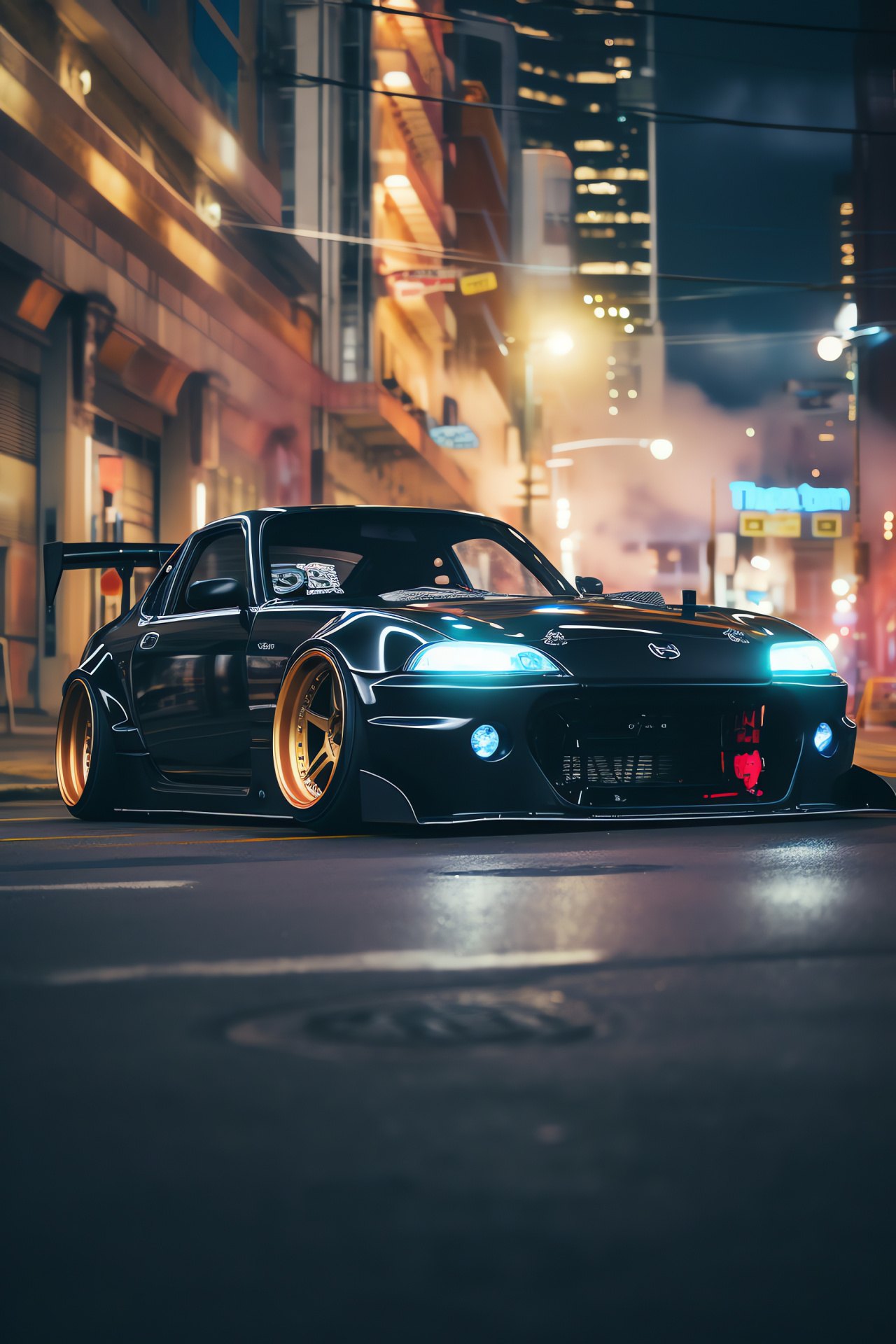 Honda S2000 Rocket Bunny, Neon nightlife, Drift tuned car, City performance driving, Aftermarket modification, HD Phone Wallpaper