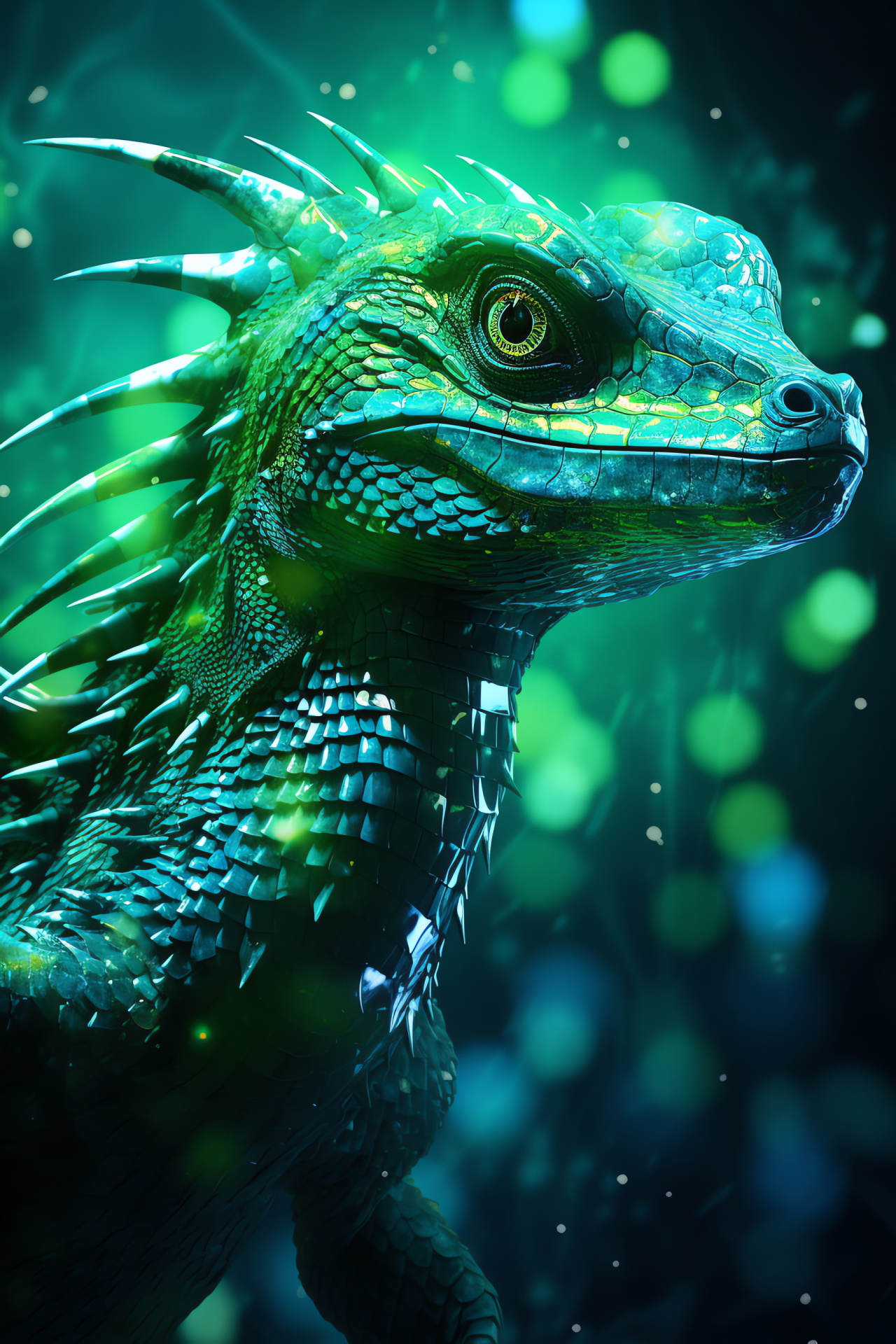 Aquatic reptile, Water Dragon profile, Lustrous green scales, Blue patterned reptile, Tropical lizard, HD Phone Image