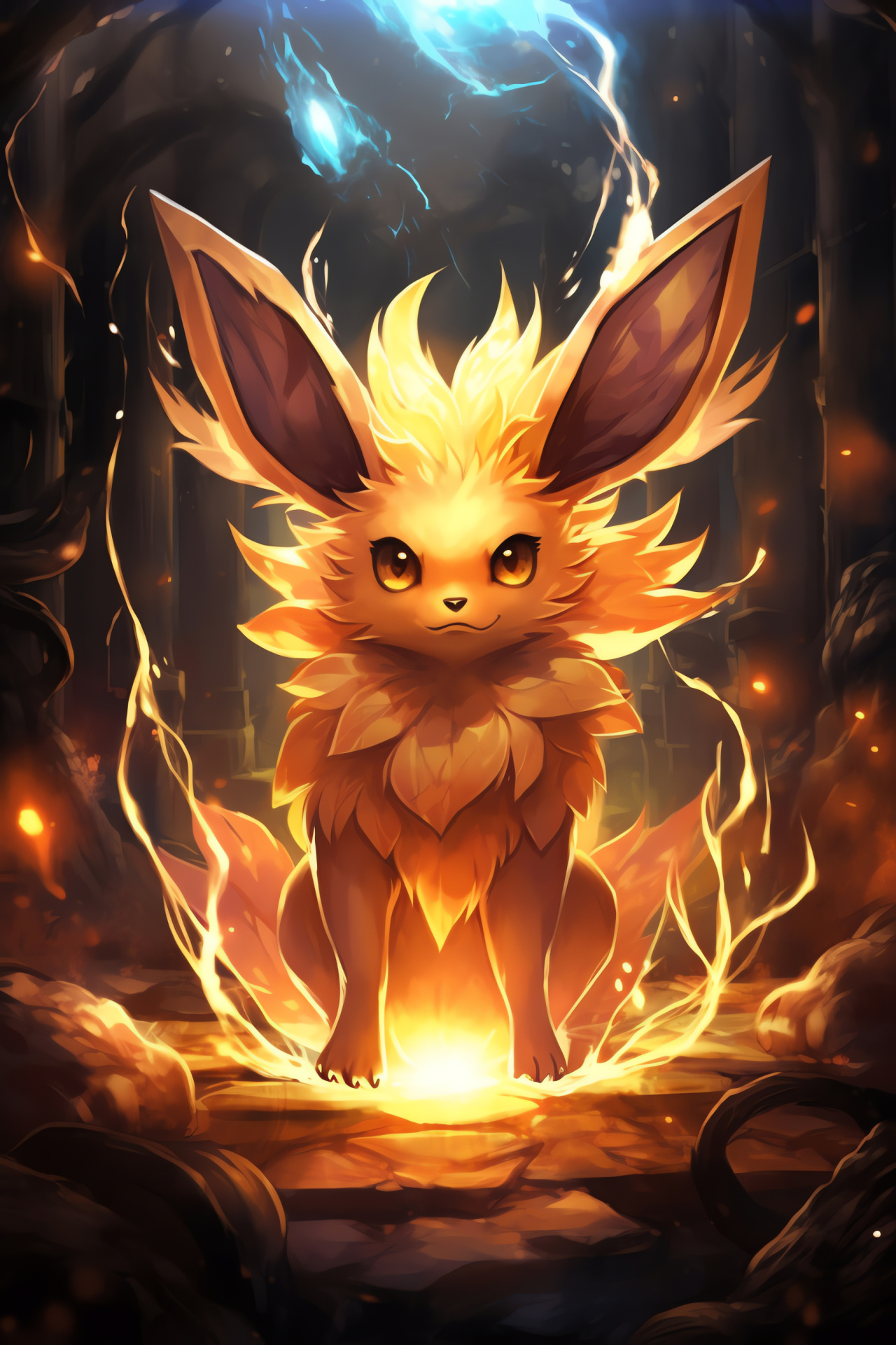 Flareon aspect, Flame-inspired fur, Warm species, Dynamic posture, Ember surround, HD Phone Image