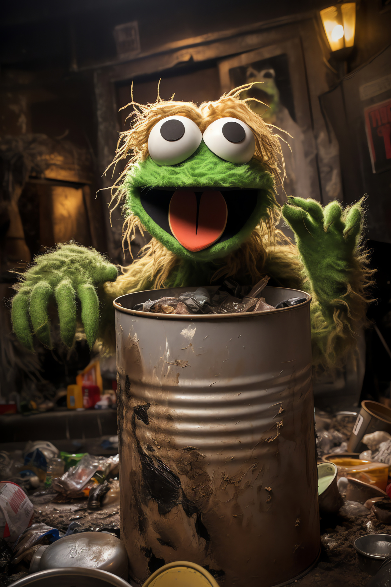 Oscar's trash stash, Spinney's puppet character, Garbage decor, Muppet in trash, Iconic grouchy green, HD Phone Wallpaper