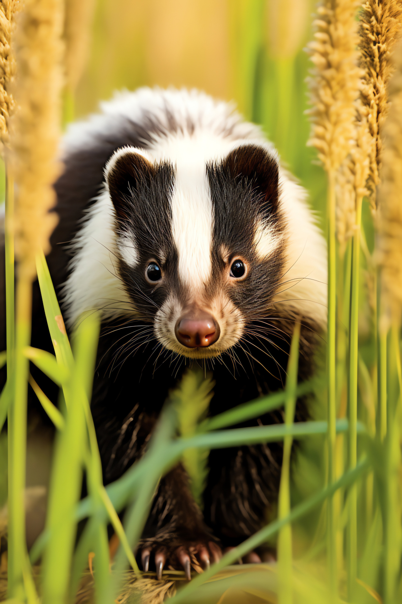 Wild skunk, Sleek black fur, Foraging stance, Woodland flora, Daylight exploration, HD Phone Image