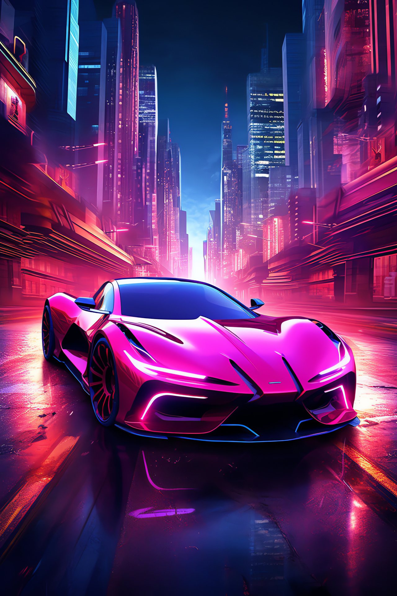 Pink future vision vehicle, panoramic urban setting, cyberpunk light display, brightly hued cityscape, lively pink shades, HD Phone Wallpaper