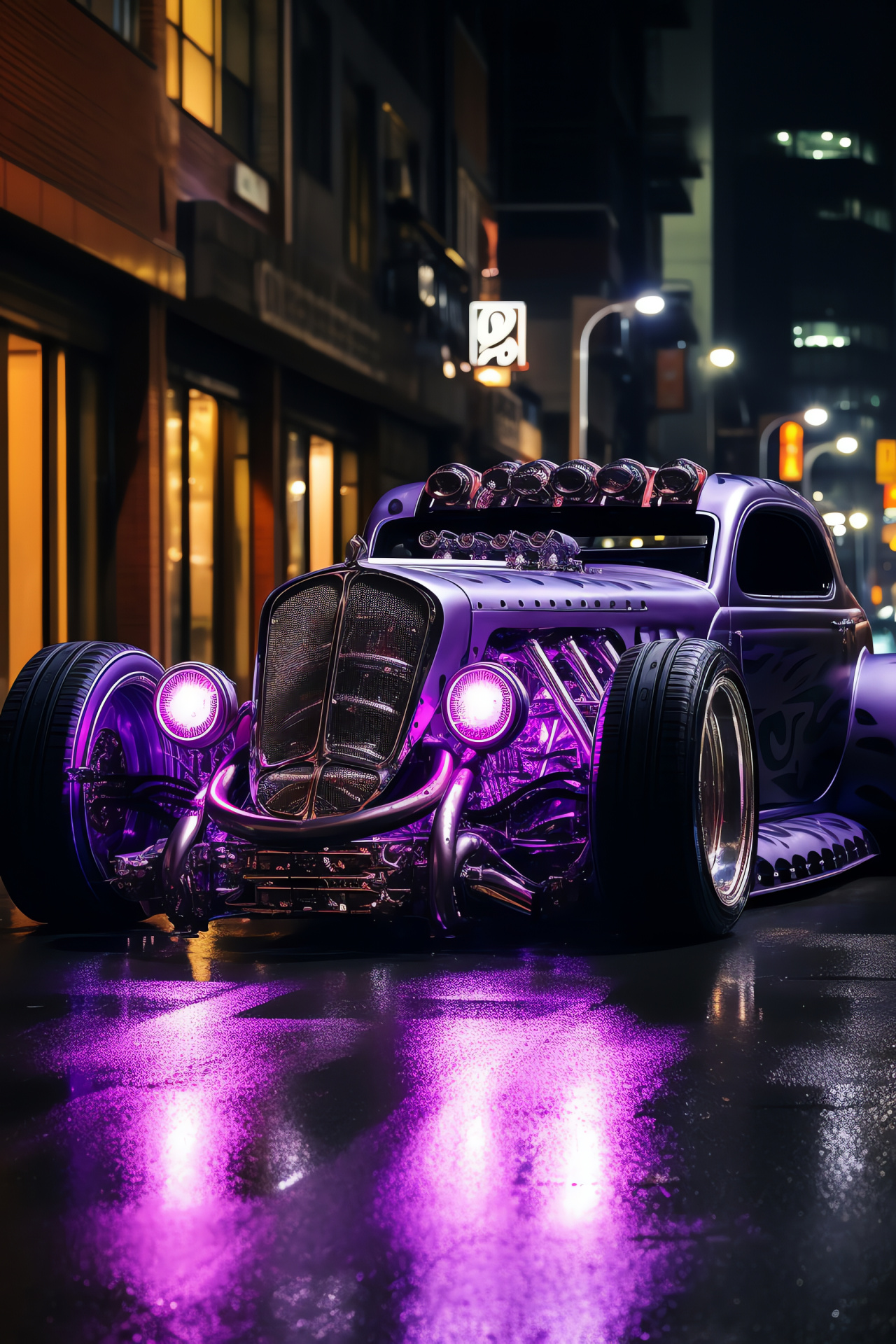 Custom Rat Rod, Tokyo night scene, Purple gloss finish, Ground effect lighting, Japanese urban landscape, HD Phone Image