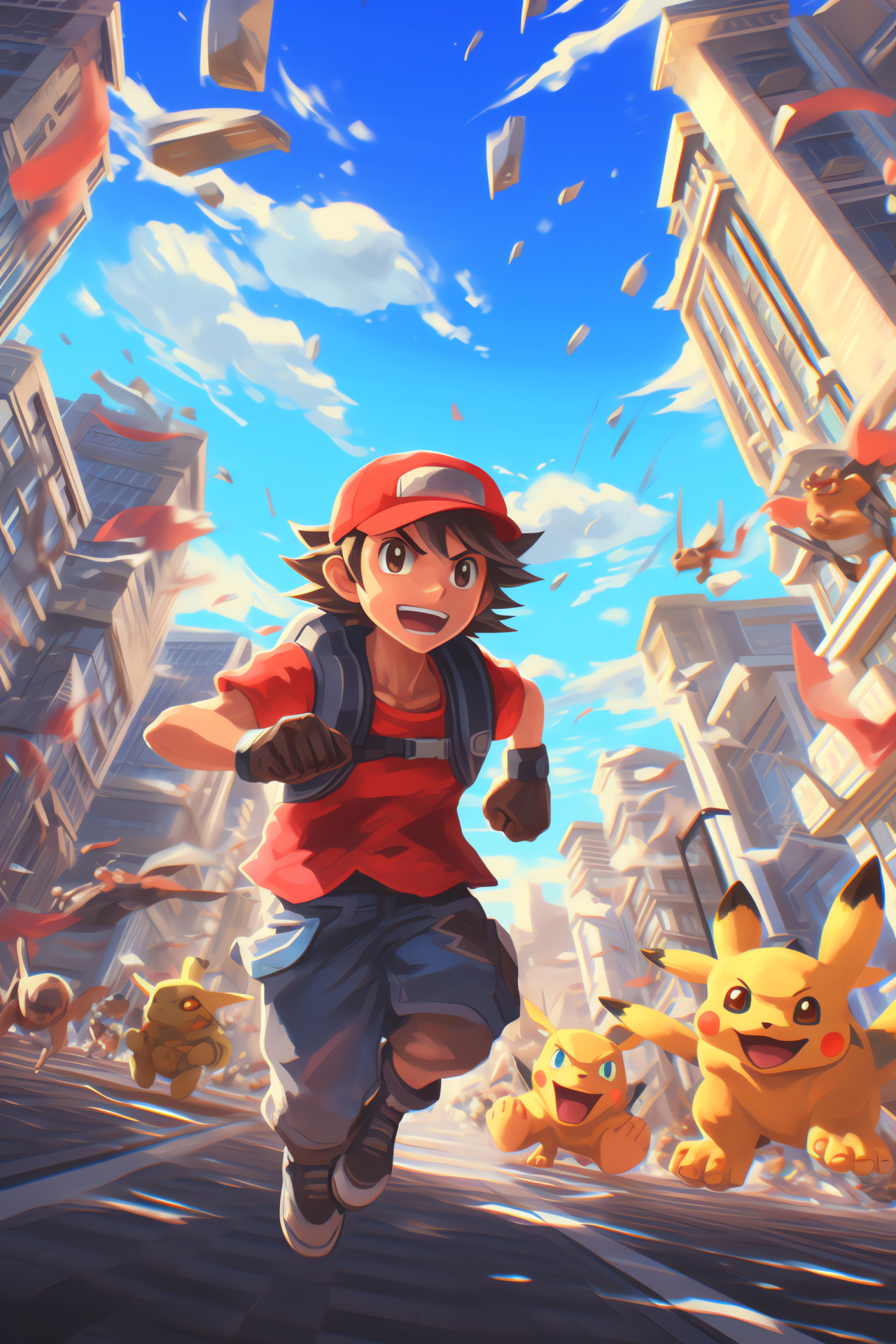 Ash with Pokemon allies, dynamic battle, futuristic city environment, action-packed moment, strategic maneuvers, HD Phone Image