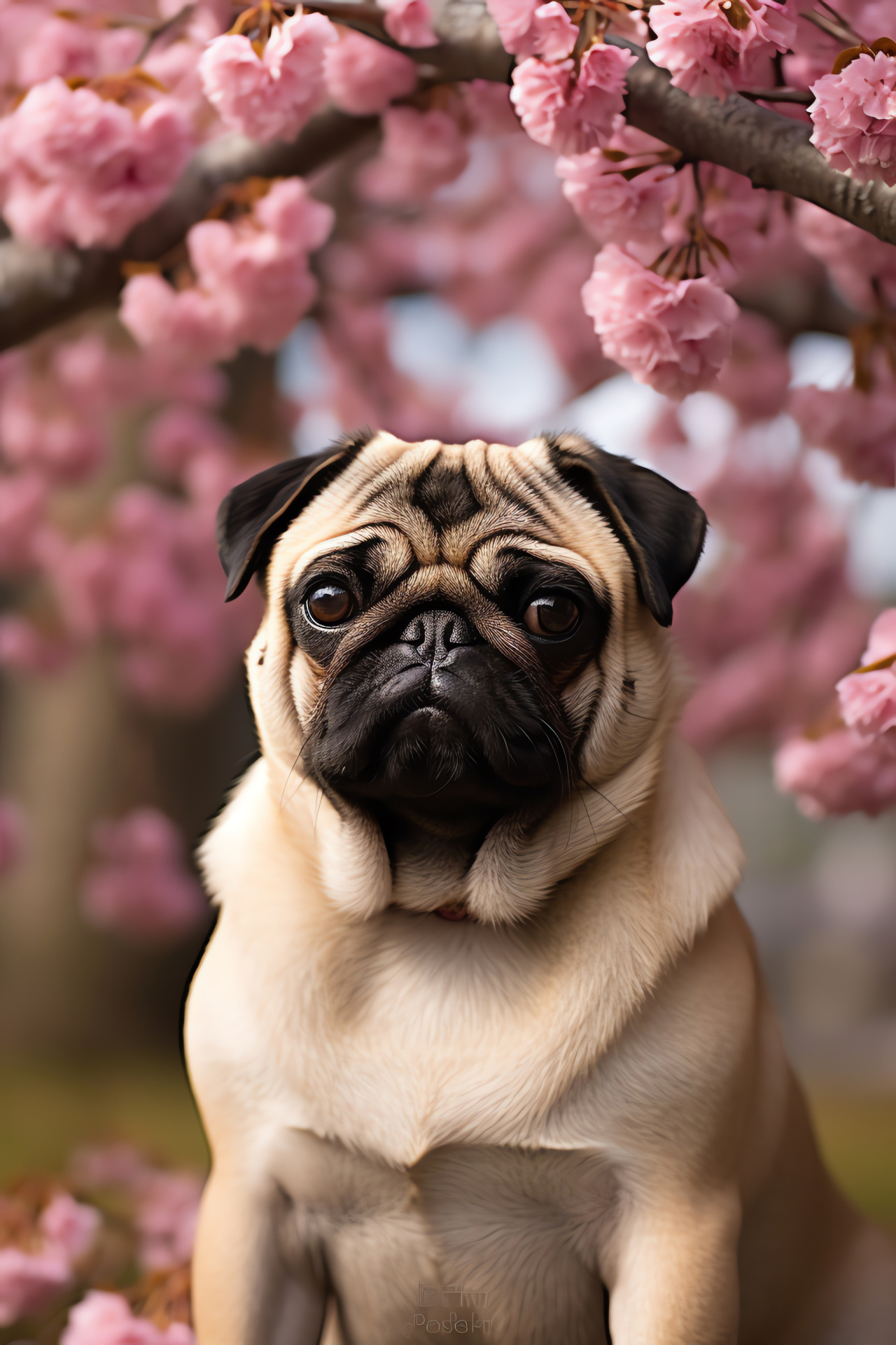 Pensive pug, Subtle brown shades, Springtime environment, Tranquil garden, Domestic breed, HD Phone Image