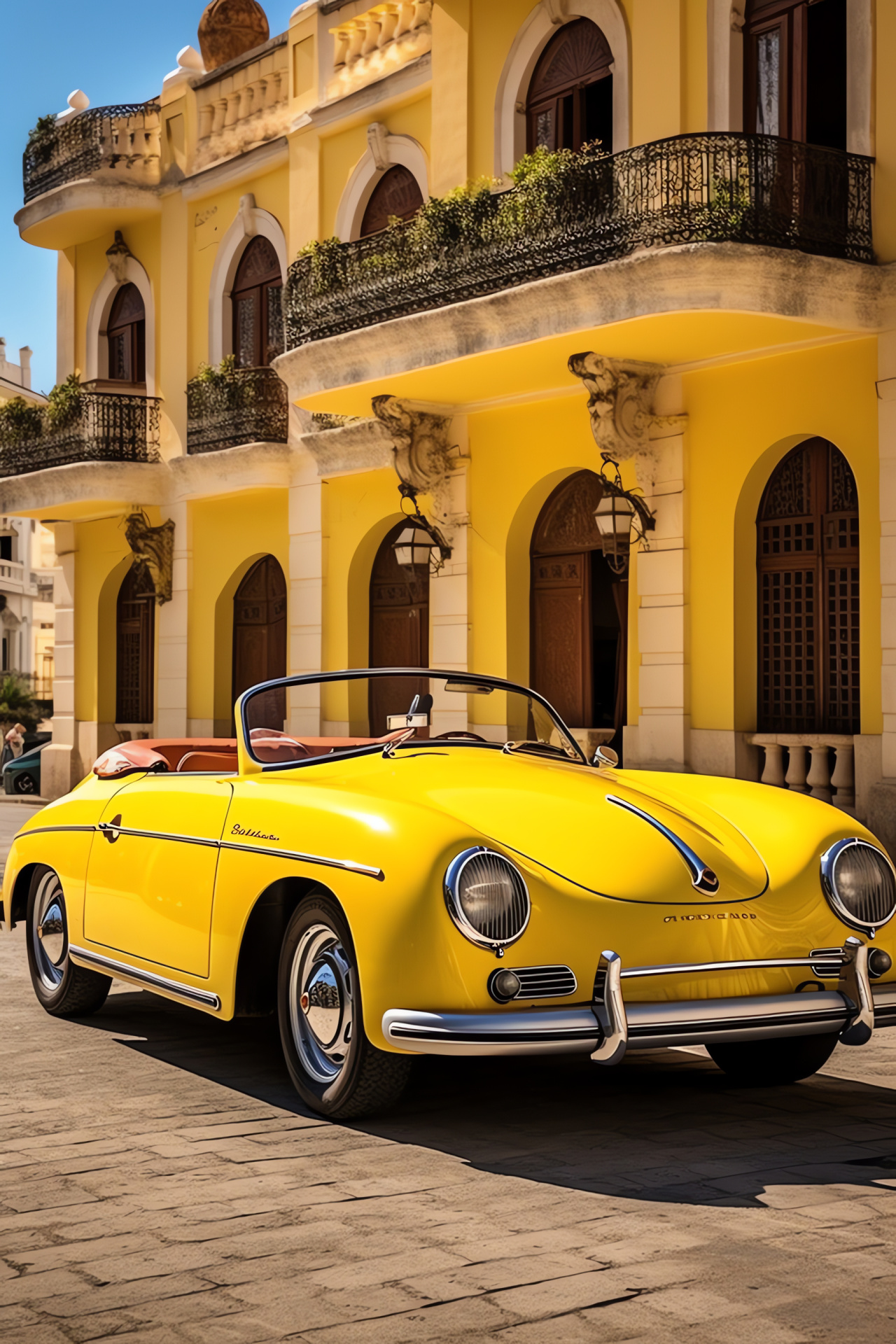 Vintage Porsche in Havana, 356 Speedster elegance, Cuban streetscape, Classic automotive beauty, Yellow finish, HD Phone Wallpaper