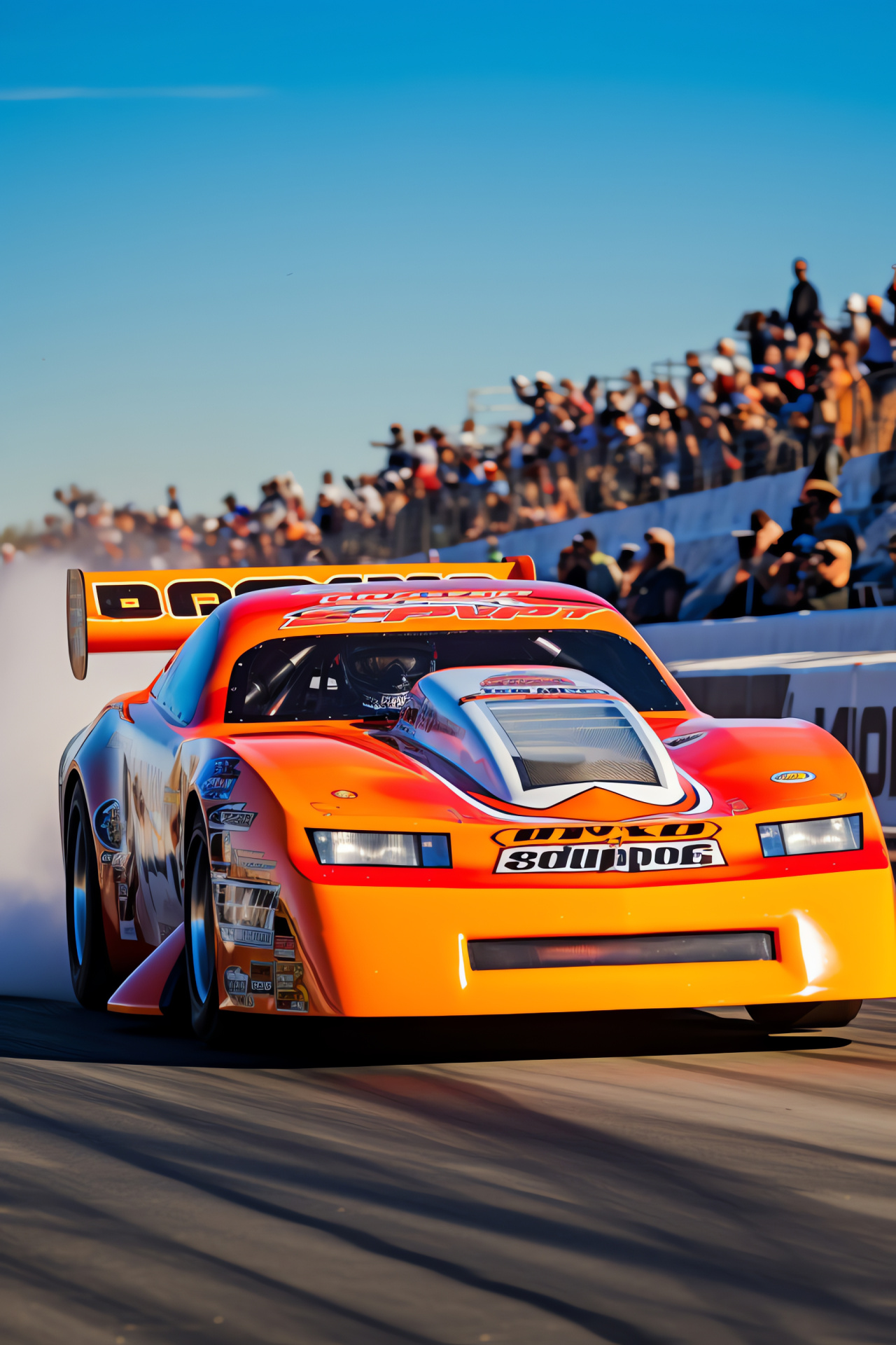 Gainesville Raceway event, Compressing engine's power, Aerodynamically shaped Funny Car, Visible sponsor brands, Acceleration ready posture, HD Phone Image