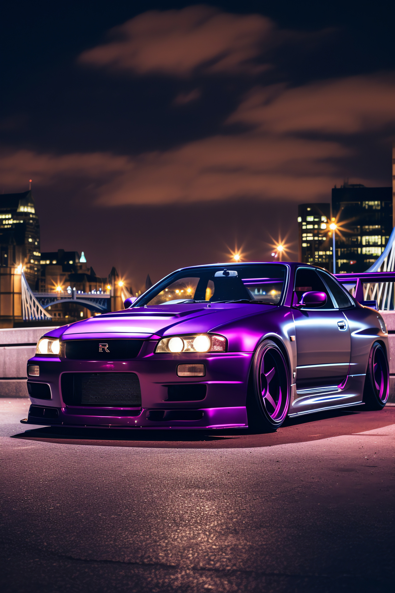 Nissan Skyline GTR London scene, Midnight purple variant, Iconic British architecture, Tower Bridge evening, UK automotive, HD Phone Wallpaper