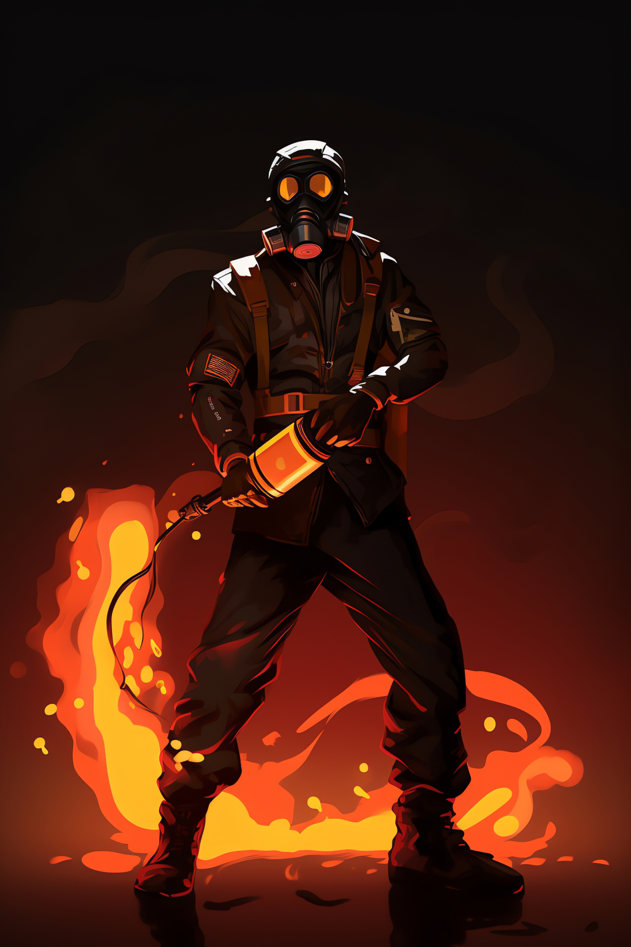 Pyro Team Fortress avatar, Vibrant player character, Gaming battlesuit, Iconic flame symbol, Virtual world attire, HD Phone Image