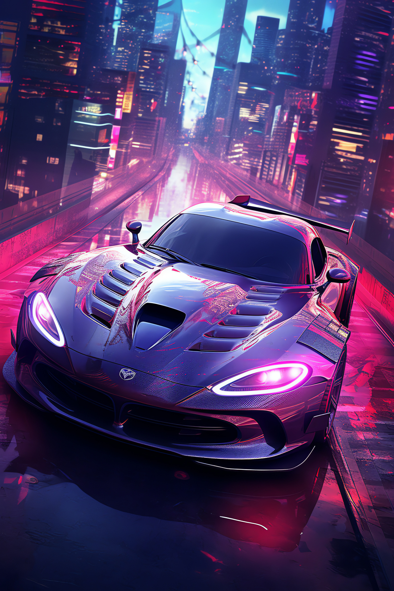 SRT Viper GTC edition, Urban cityscapes, Futuristic motoring, Thrilling drives, Neon adventure, HD Phone Wallpaper