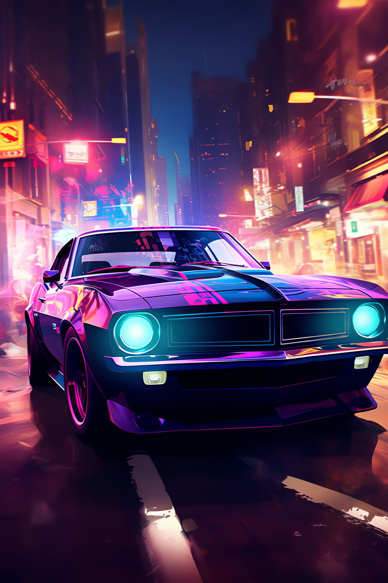 Muscle car angle close, Urban nocturnal scene, Incandescent glow, Evening drive vibes, City life pulse, HD Phone Wallpaper