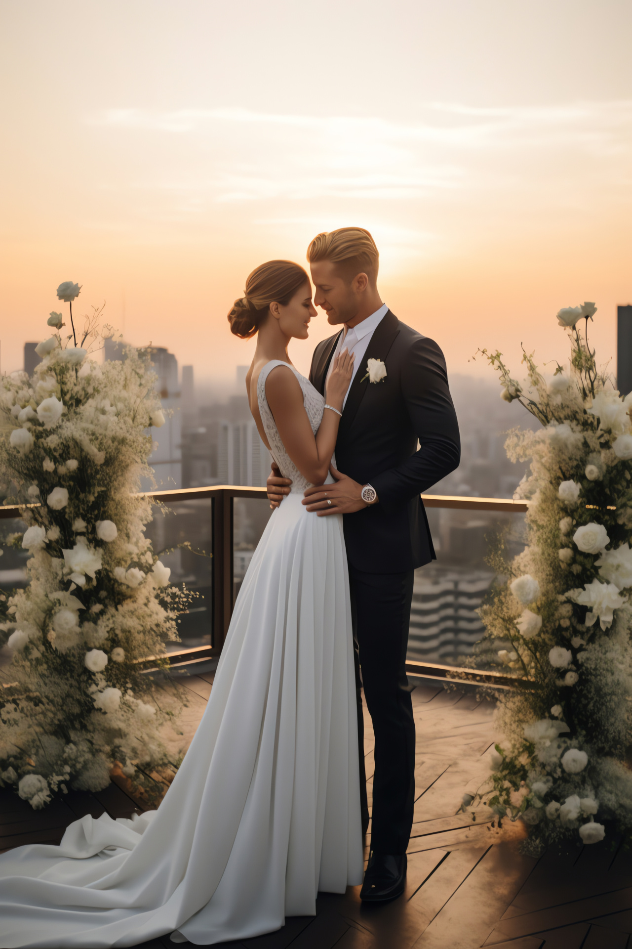 Urban skyline matrimonial, rooftop nuptials, metropolitan sunset ceremony, panoramic cityscape, evening bridal scene, HD Phone Wallpaper