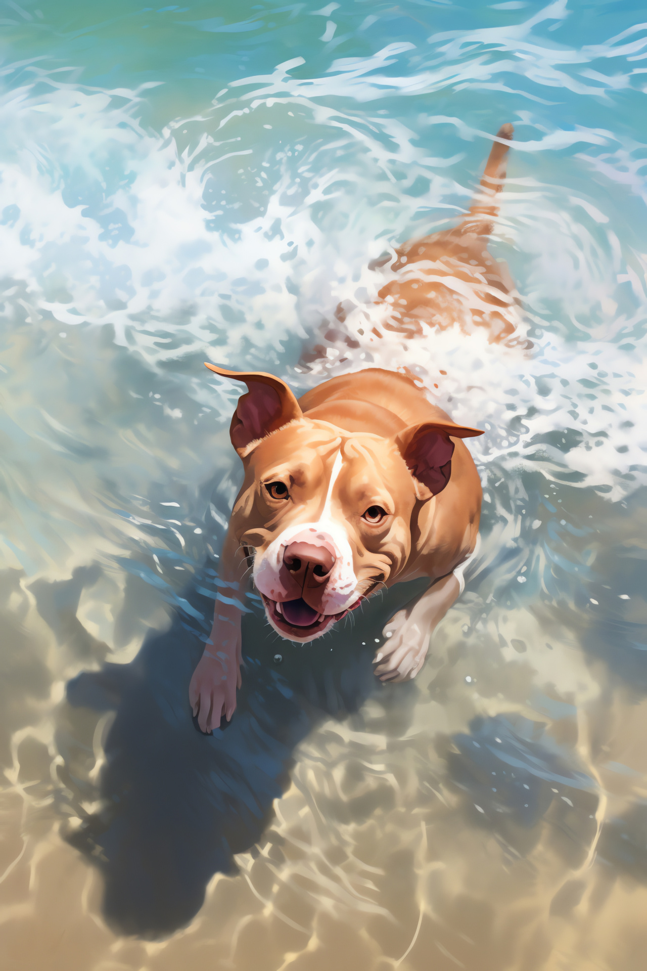 Red Nose Pitbull, canine swimming, dog agility, beach scenery, animal strength, HD Phone Image