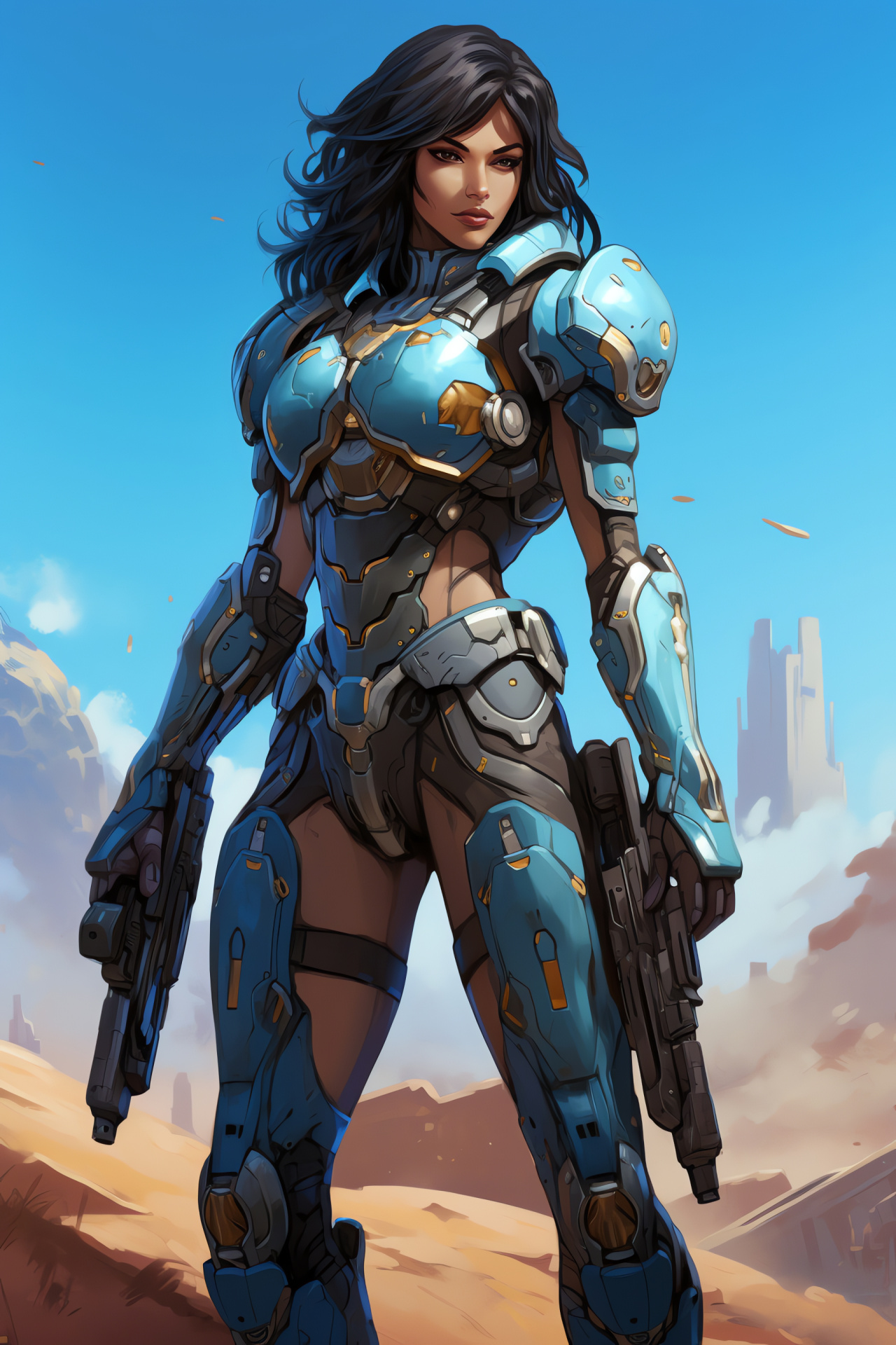 Pharah, Overwatch fierce combatant, Turquoise gaze, Weapon display, Dual-tone scene, HD Phone Wallpaper