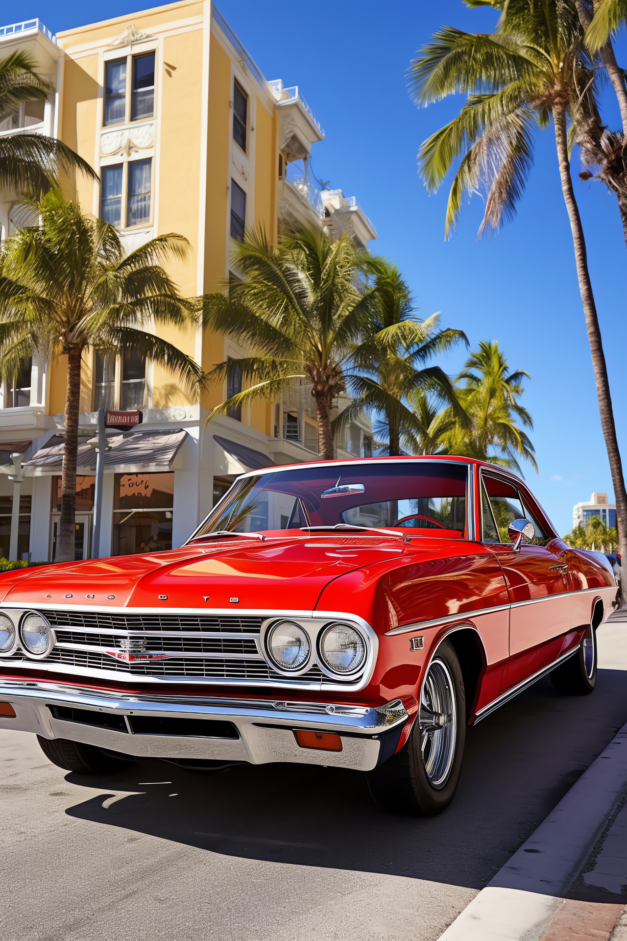 Chevrolet Nova SS, Miami Ocean Drive, Palm-lined street, Miami Beach, Art Deco architecture, HD Phone Image