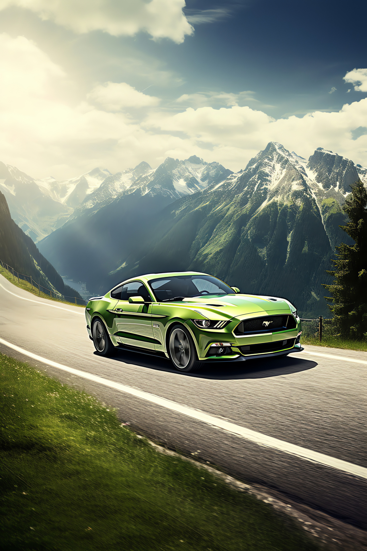 Mustang HD, Alpine Swiss scenery, Zigzag roads, Alpine peaks, Verdant valleys, HD Phone Image