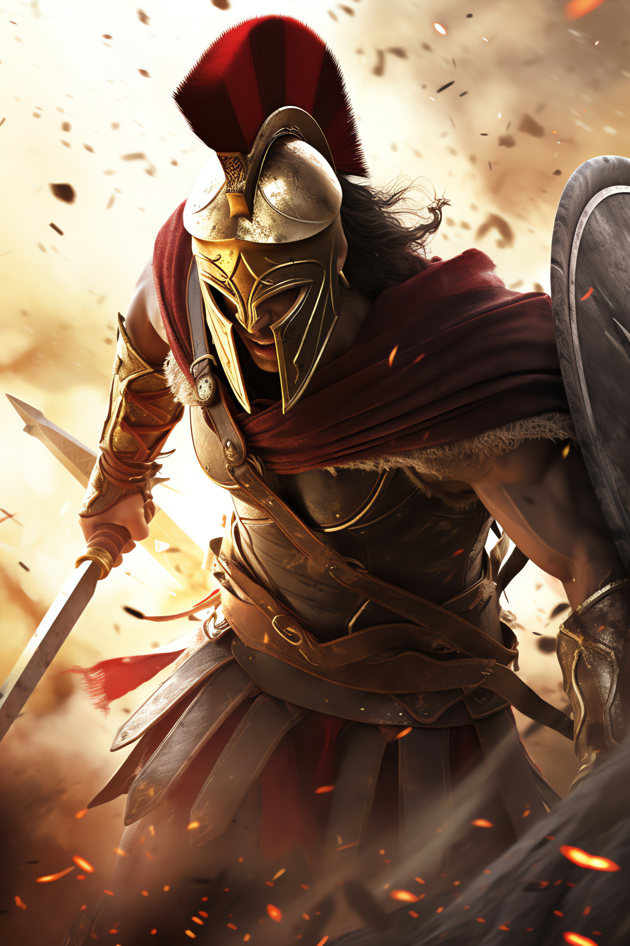 Assassin's Creed, Spartan soldier, Hellenic combat, Steel weaponry, Solar glare, HD Phone Image