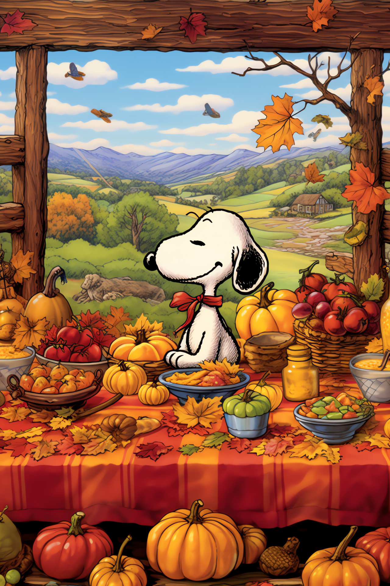 Snoopy's Thanksgiving, Woodstock friendship, Harvest celebration, Agrarian backdrop, Rustic surroundings, HD Phone Wallpaper