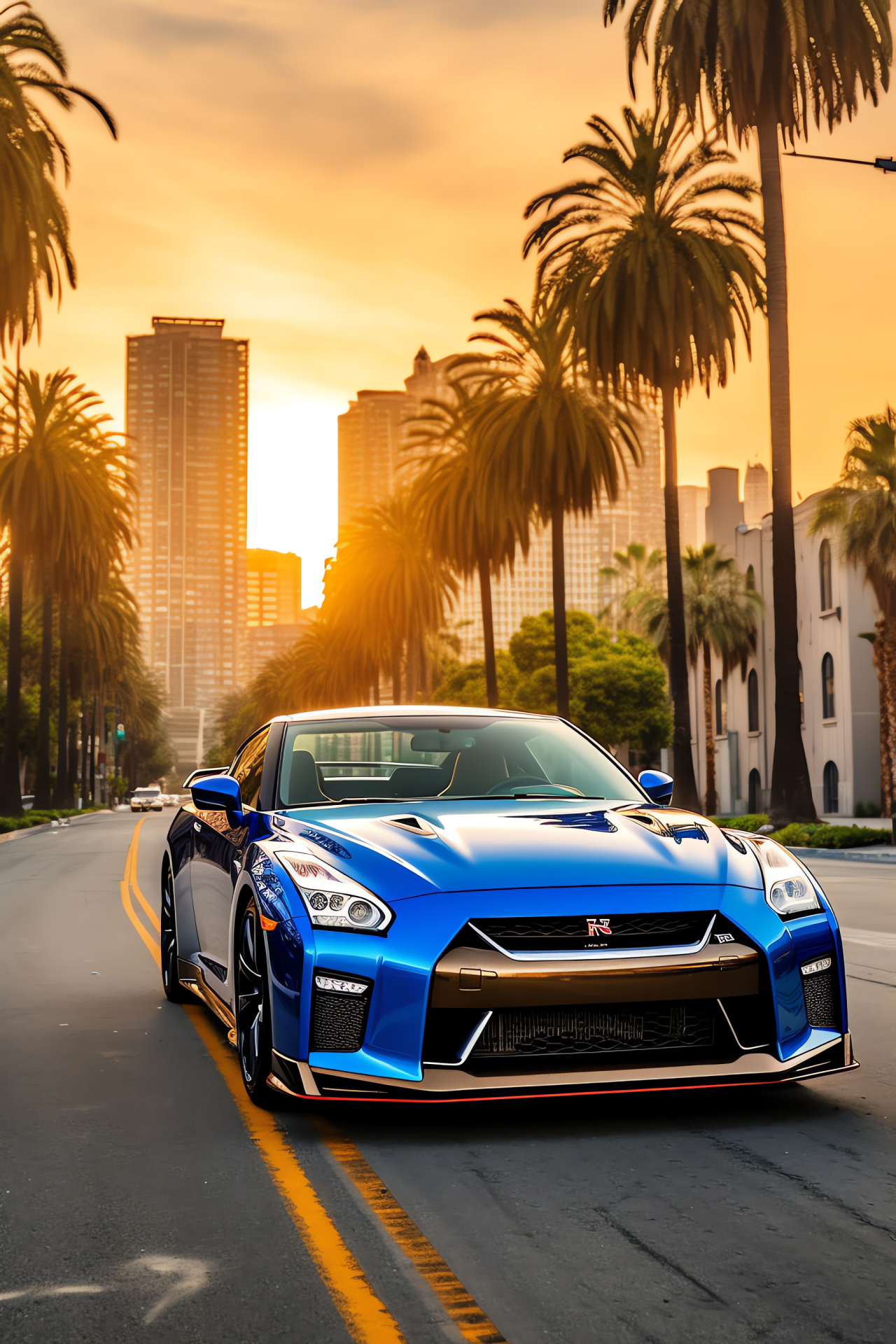 Nissan GTR HD Los Angeles, California palm avenues, Reflective blue car finish, Metropolitan travel, Vehicles and palm trees, HD Phone Image