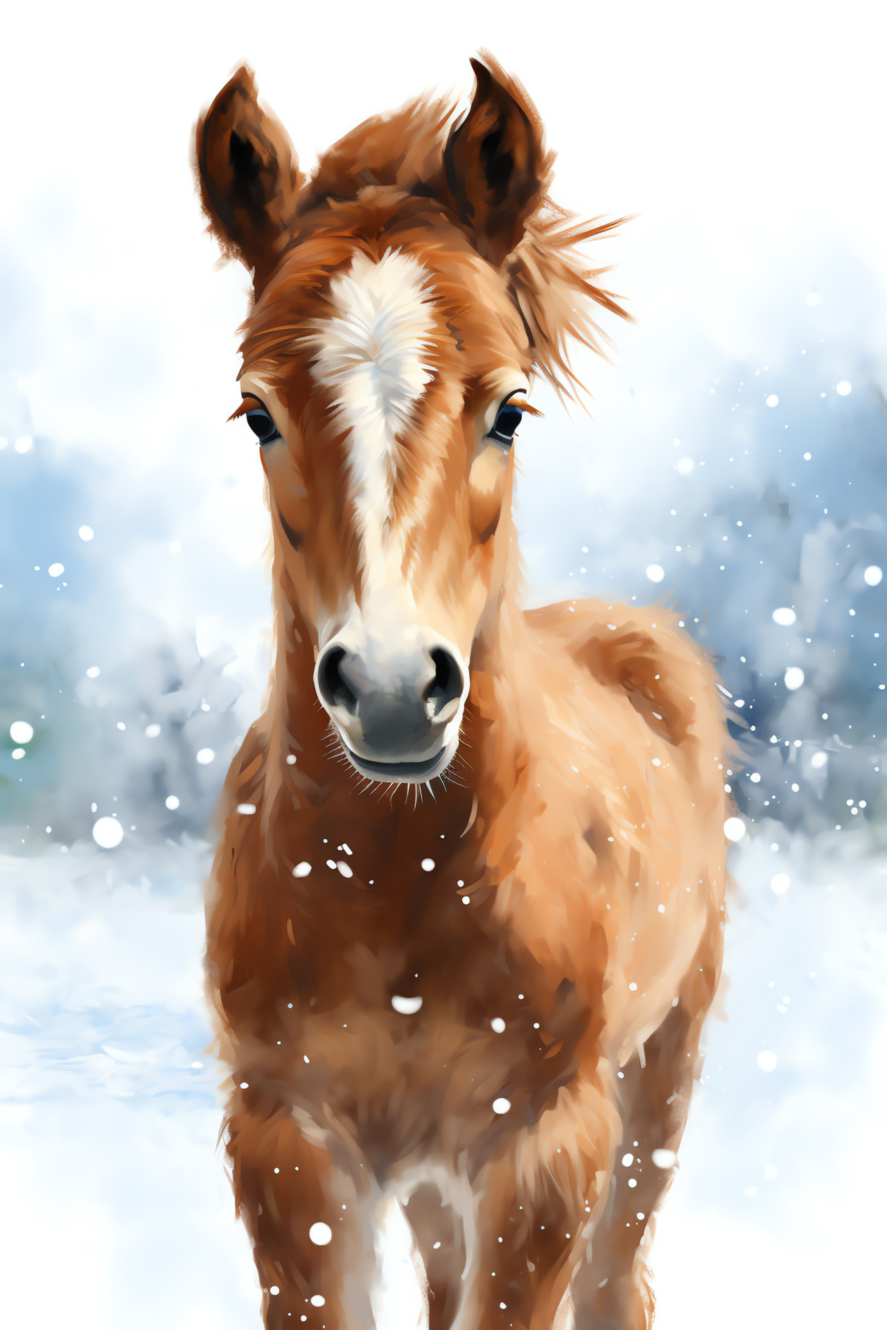 Equine in snow, Horse foal, Coppery gloss, Winter habitat, Equine gaze, HD Phone Wallpaper