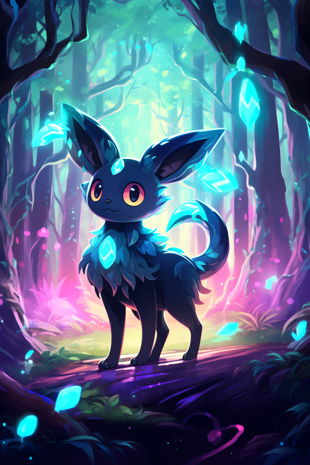 Pokemon Shiny Umbreon, gaming creature, neon-infused forest habitat, spectrum of vibrant hues, HD Phone Image