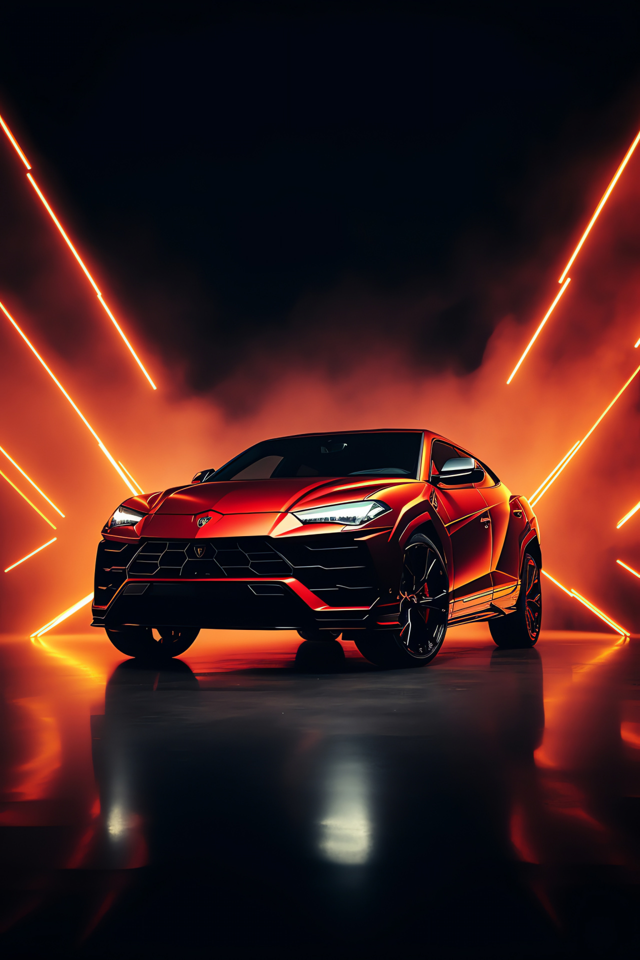 Lamborghini Urus SUV, Neon line illumination, Red and black theme, Dynamic design, Luxury utility vehicle, HD Phone Image