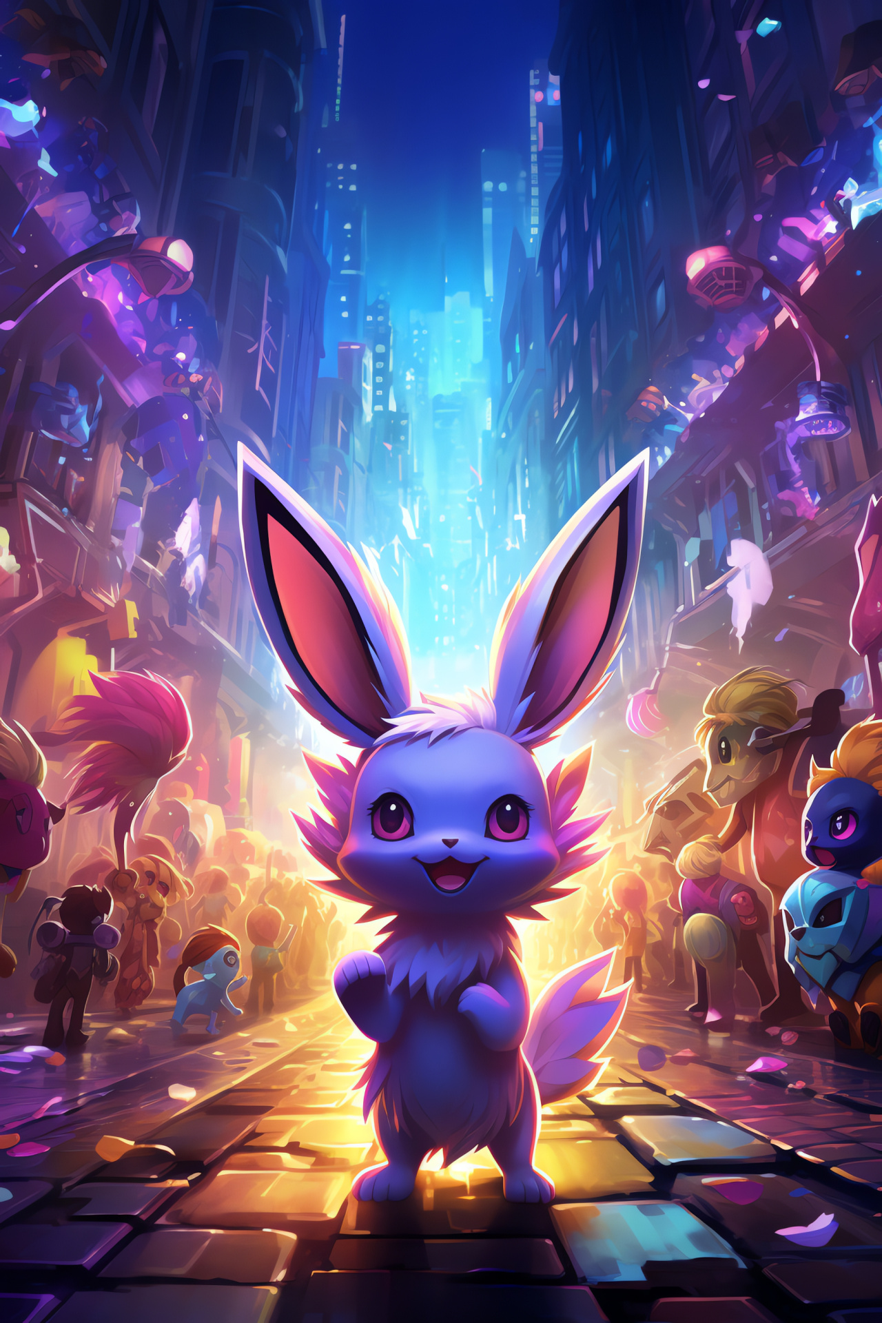 Evolutions of Eevee, Metropolitan backdrop, Public spectacle, Aquatic Vaporeon, Urban setting, HD Phone Wallpaper